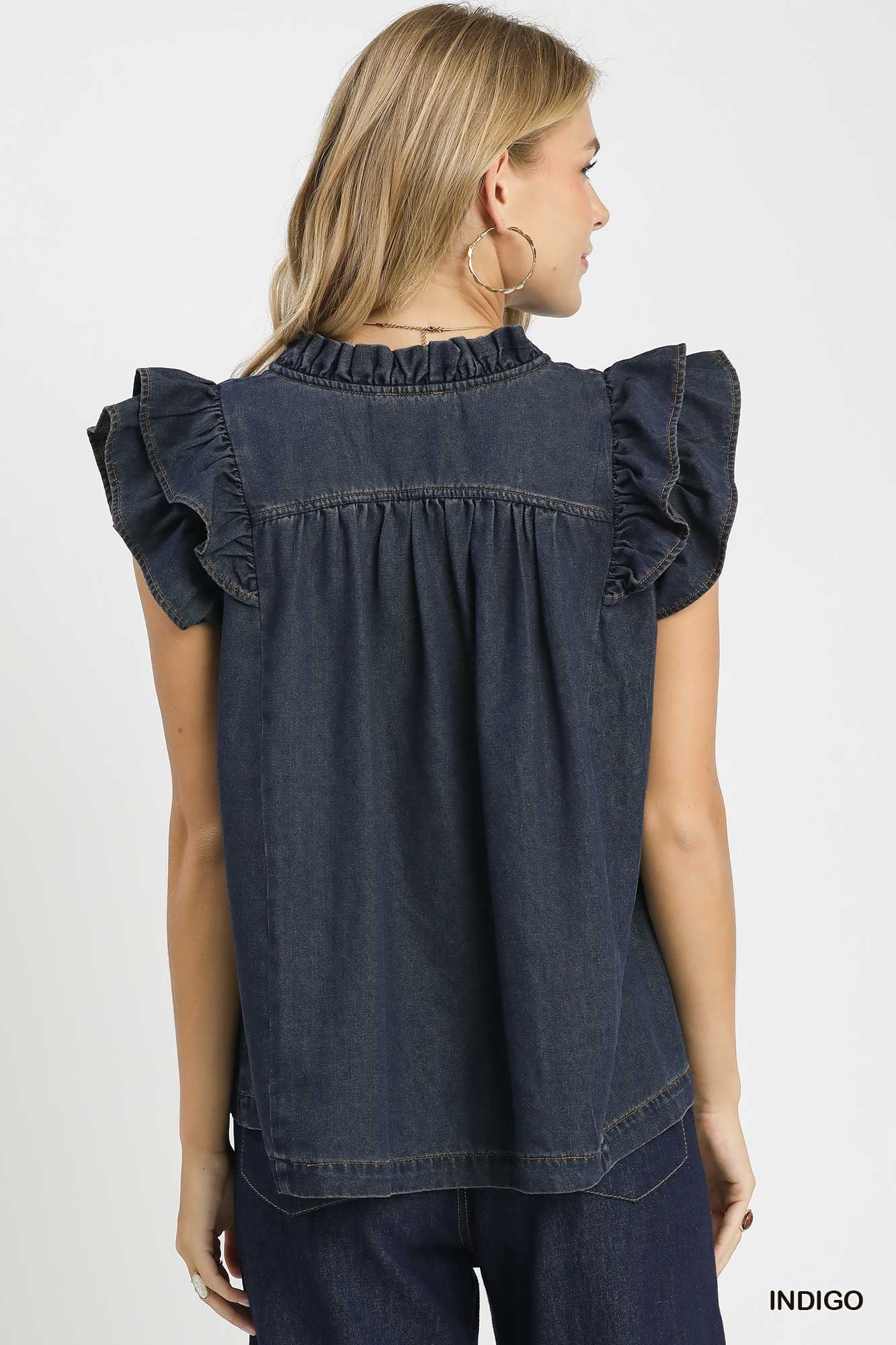 Chambray Ruffle Top: Indigo