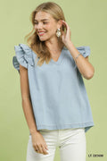 Chambray Ruffle Top: Lt. Denim