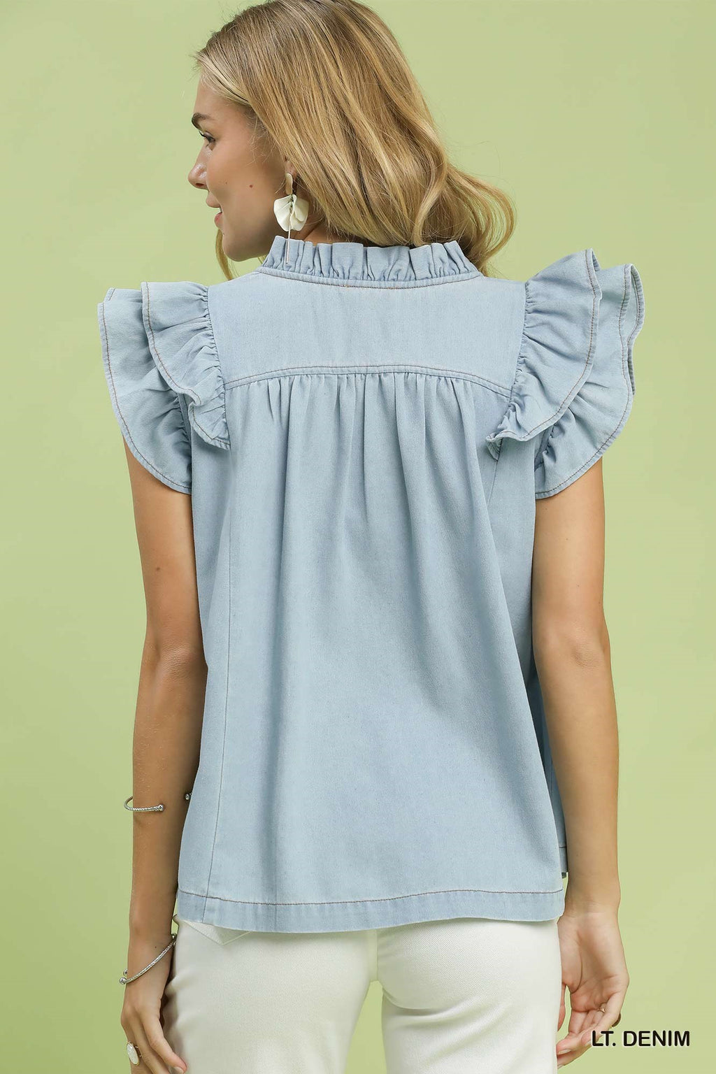 Chambray Ruffle Top: Lt. Denim