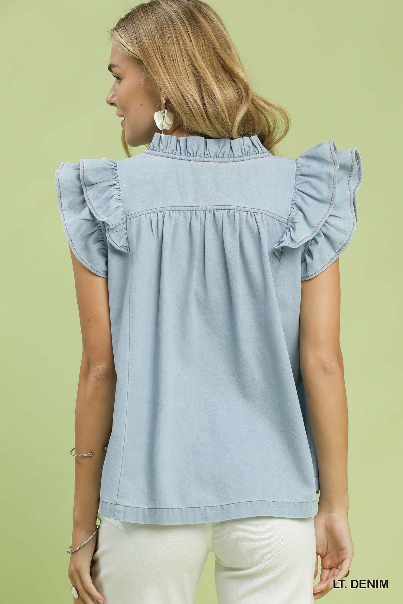 Chambray Ruffle Top: Lt. Denim