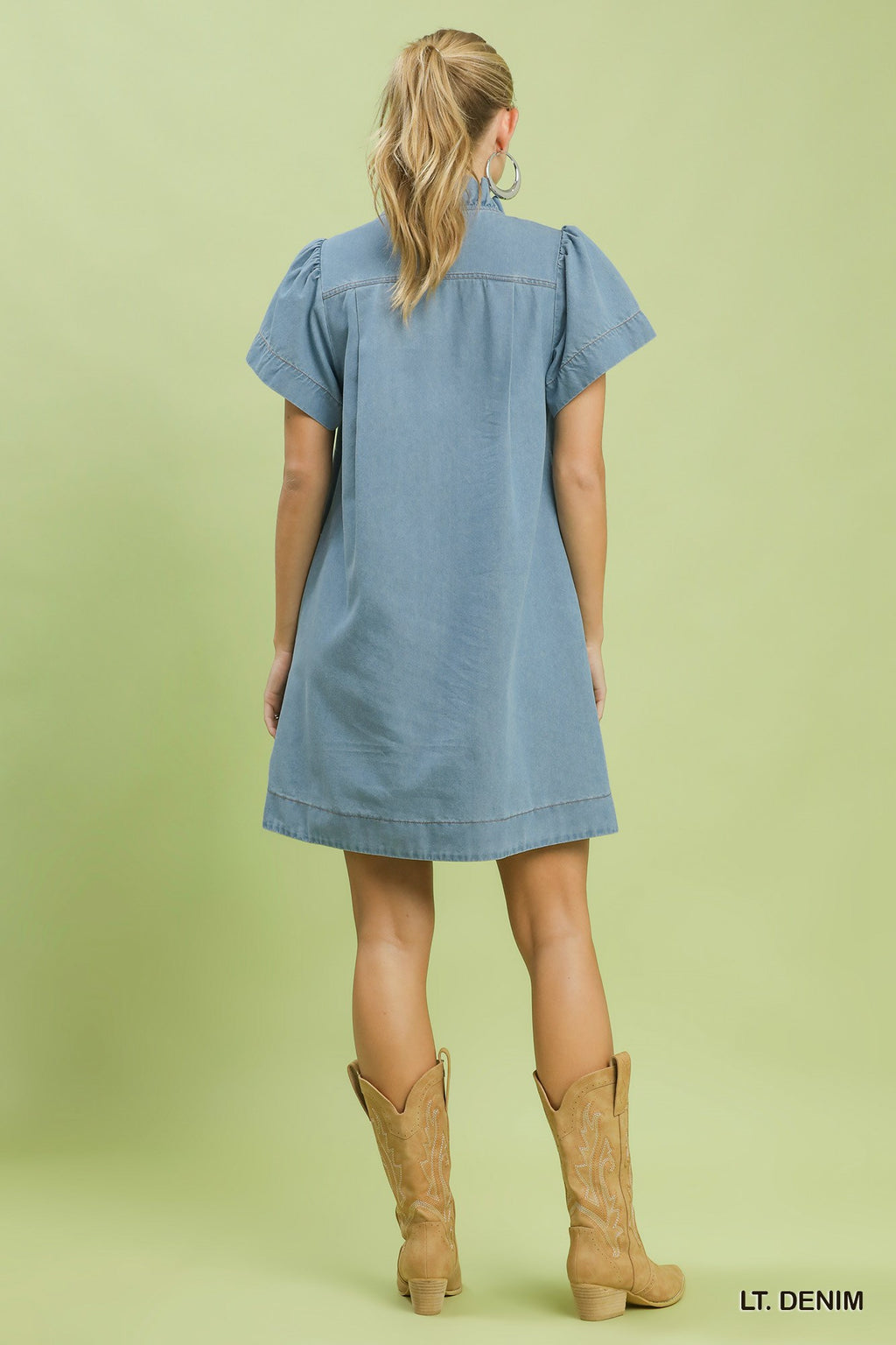 Denim Ruffle Collar Mini Dress: Lt. Denim