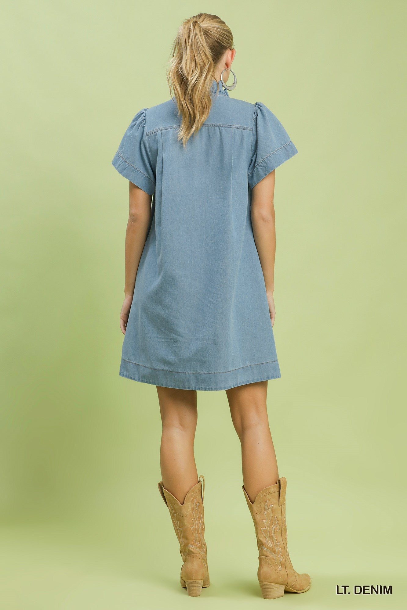 Denim Ruffle Collar Mini Dress: Lt. Denim