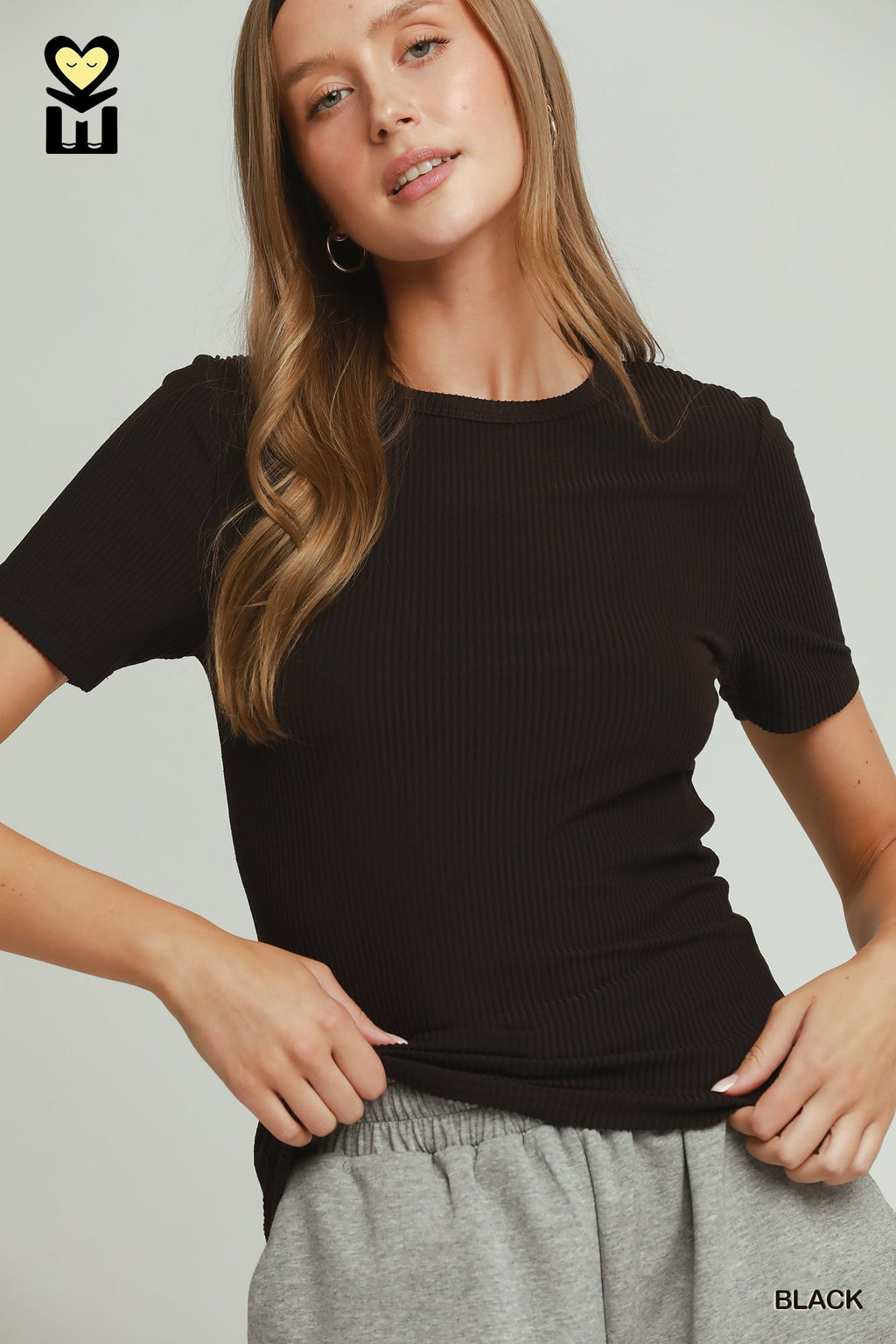 Brushed Rib Short Sleeve Top: Black
