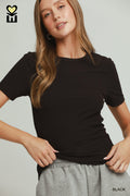 Brushed Rib Short Sleeve Top: Black