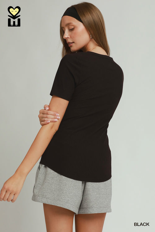 Brushed Rib Short Sleeve Top: Black