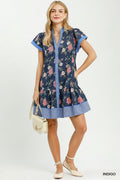 Floral Contrast Trim Ruffle Hem Mini Dress
