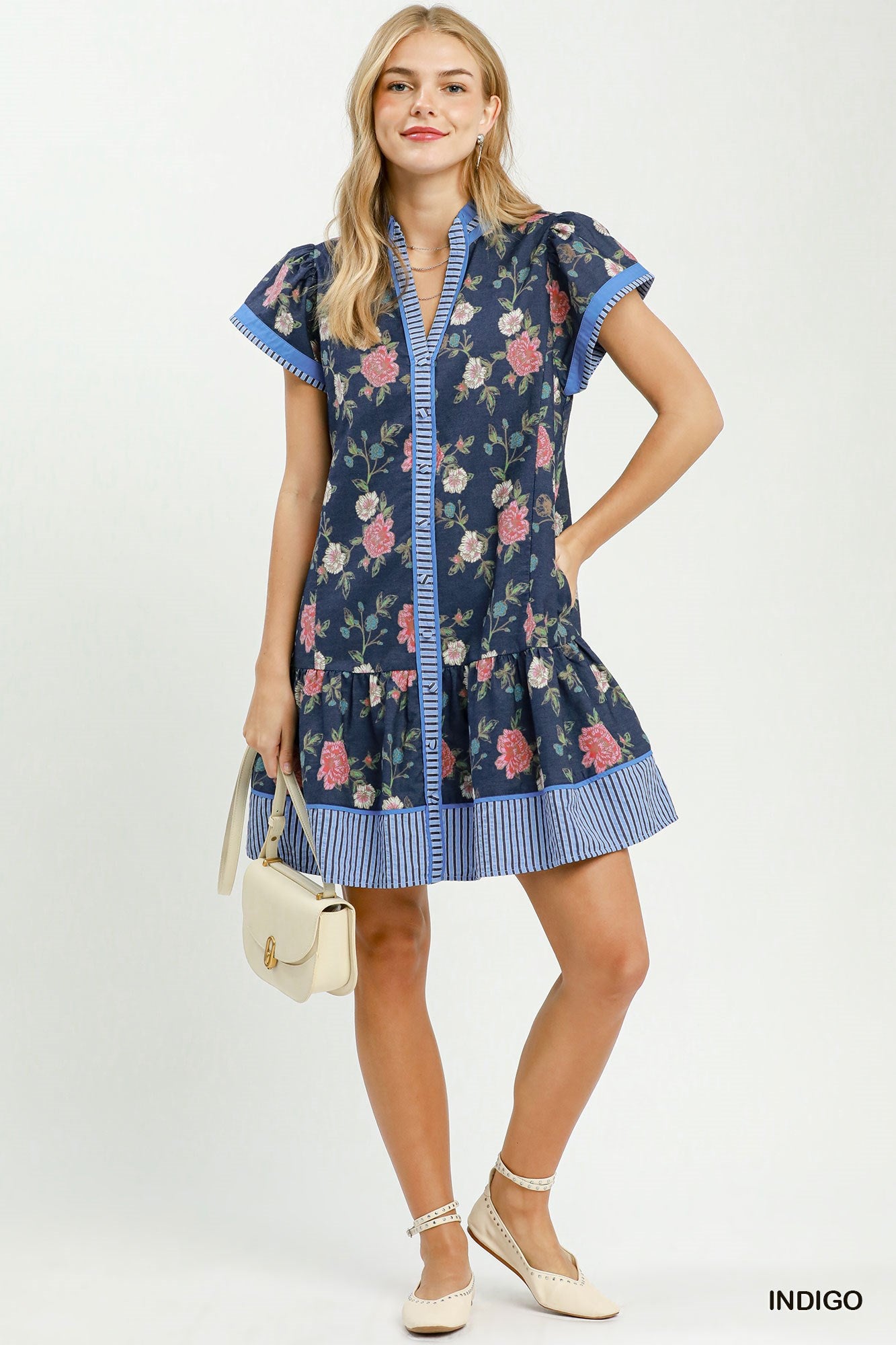 Floral Contrast Trim Ruffle Hem Mini Dress
