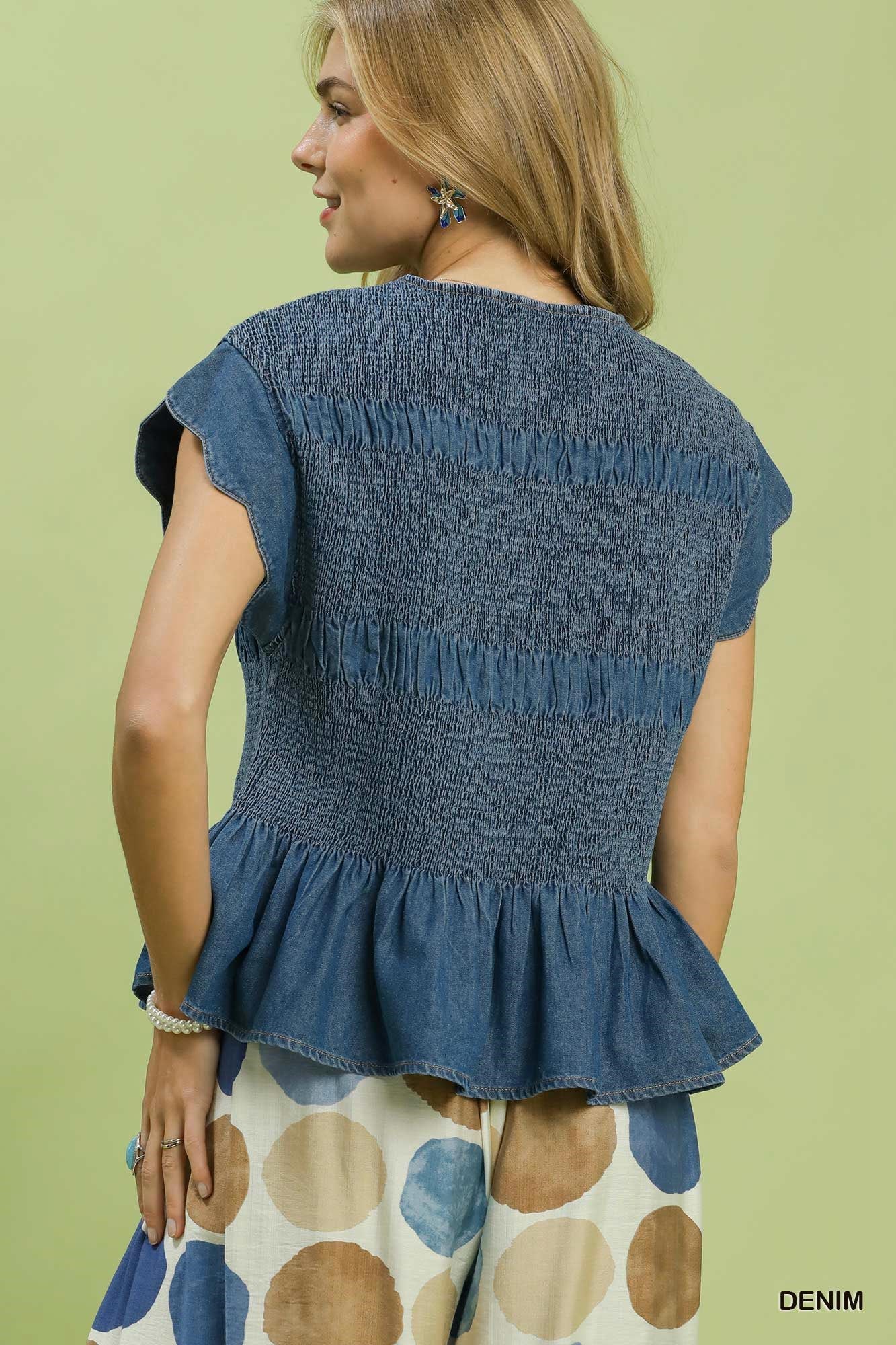 Chambray Smocked Peplum Top - Denim