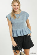 Chambray Smocked Peplum Top - Lt Denim