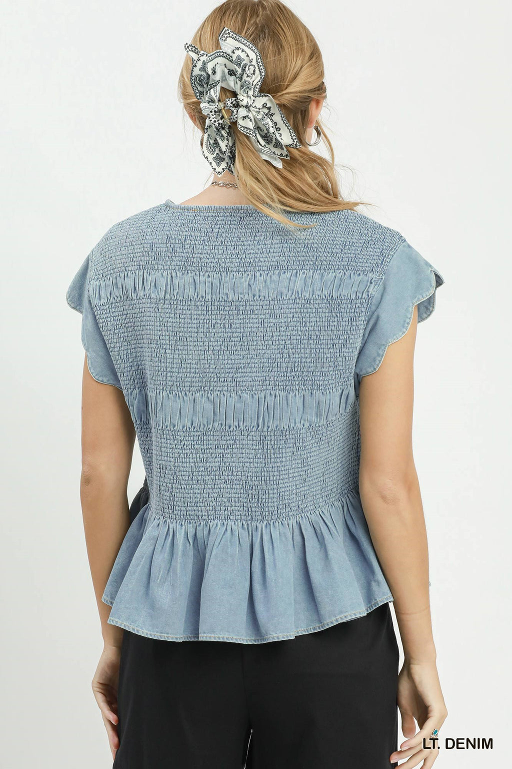 Chambray Smocked Peplum Top - Lt Denim