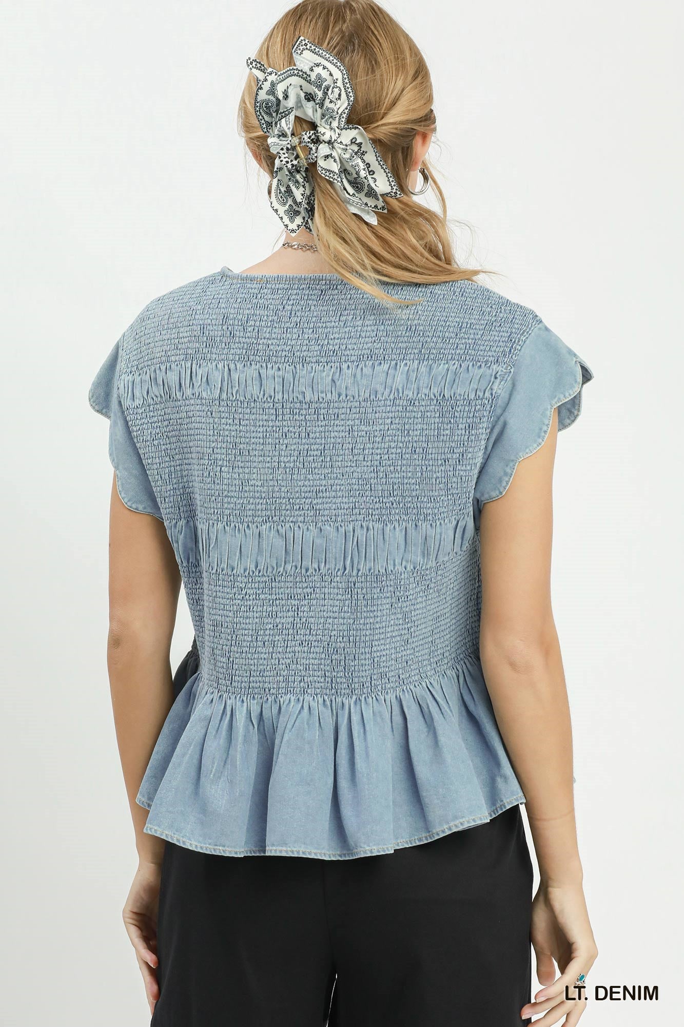 Chambray Smocked Peplum Top - Lt Denim