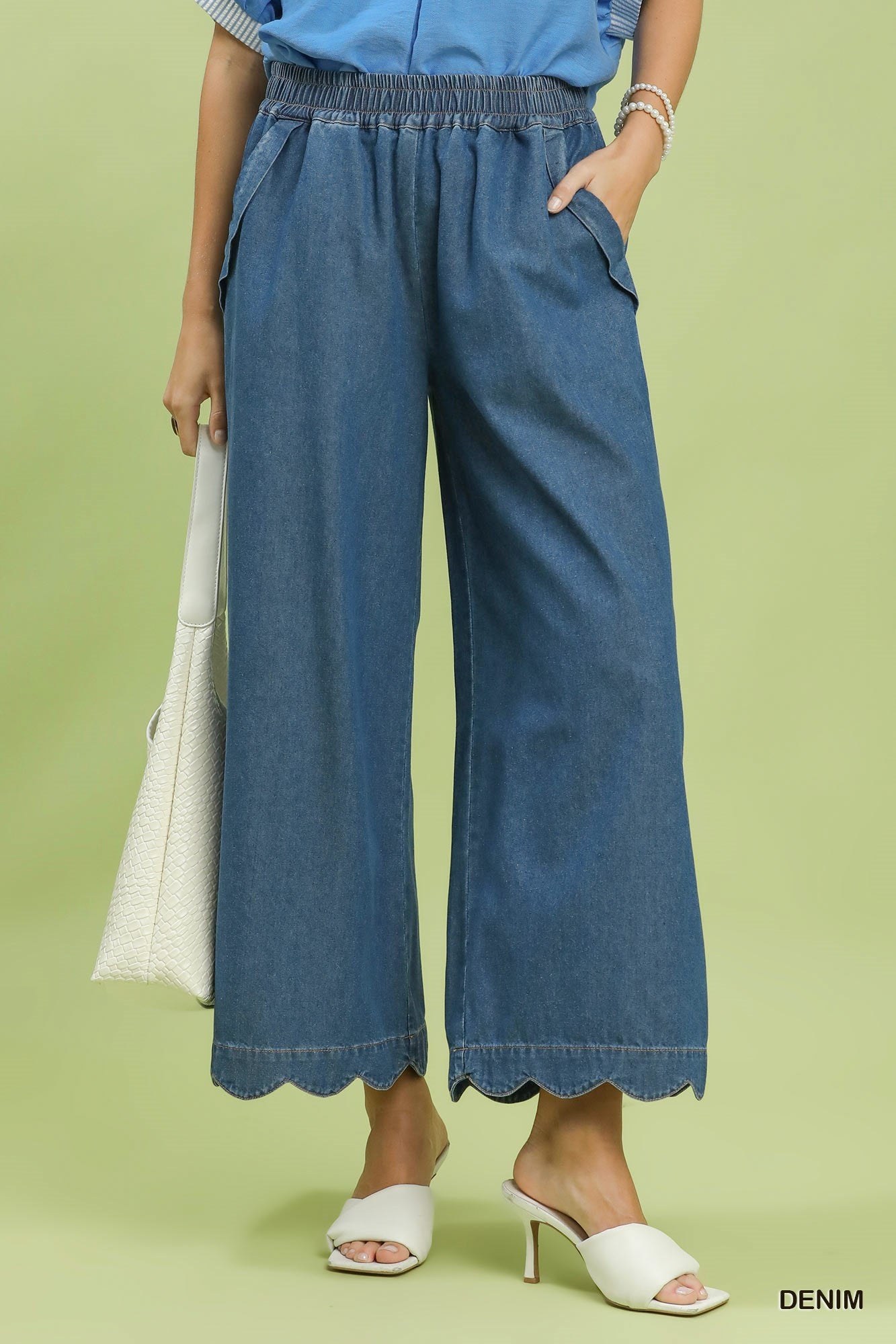 Chambray Scalloped Hem Pants - Denim