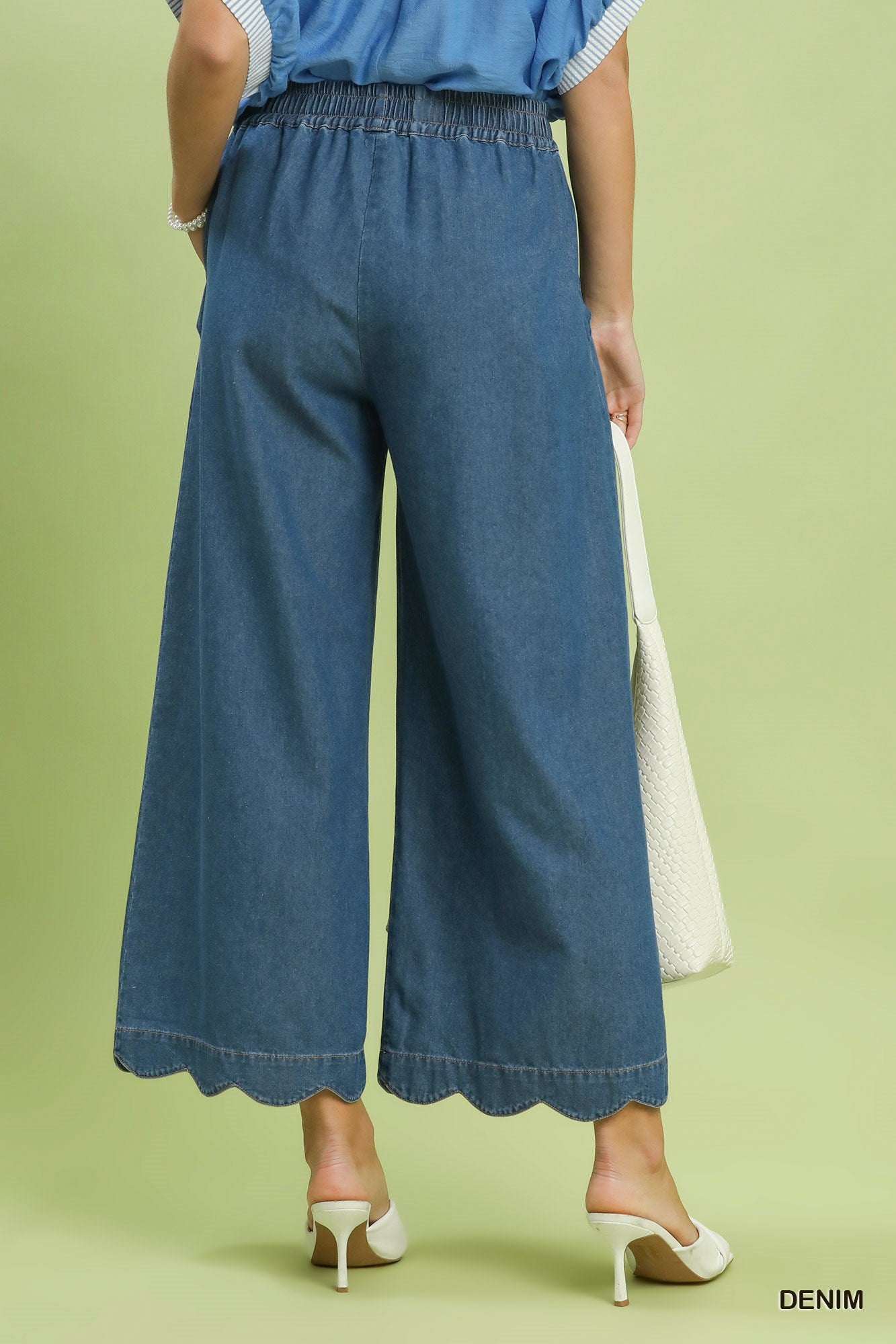 Chambray Scalloped Hem Pants - Denim