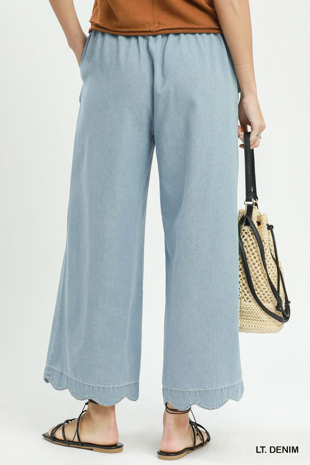 Chambray Scalloped Hem Pants - Lt Denim