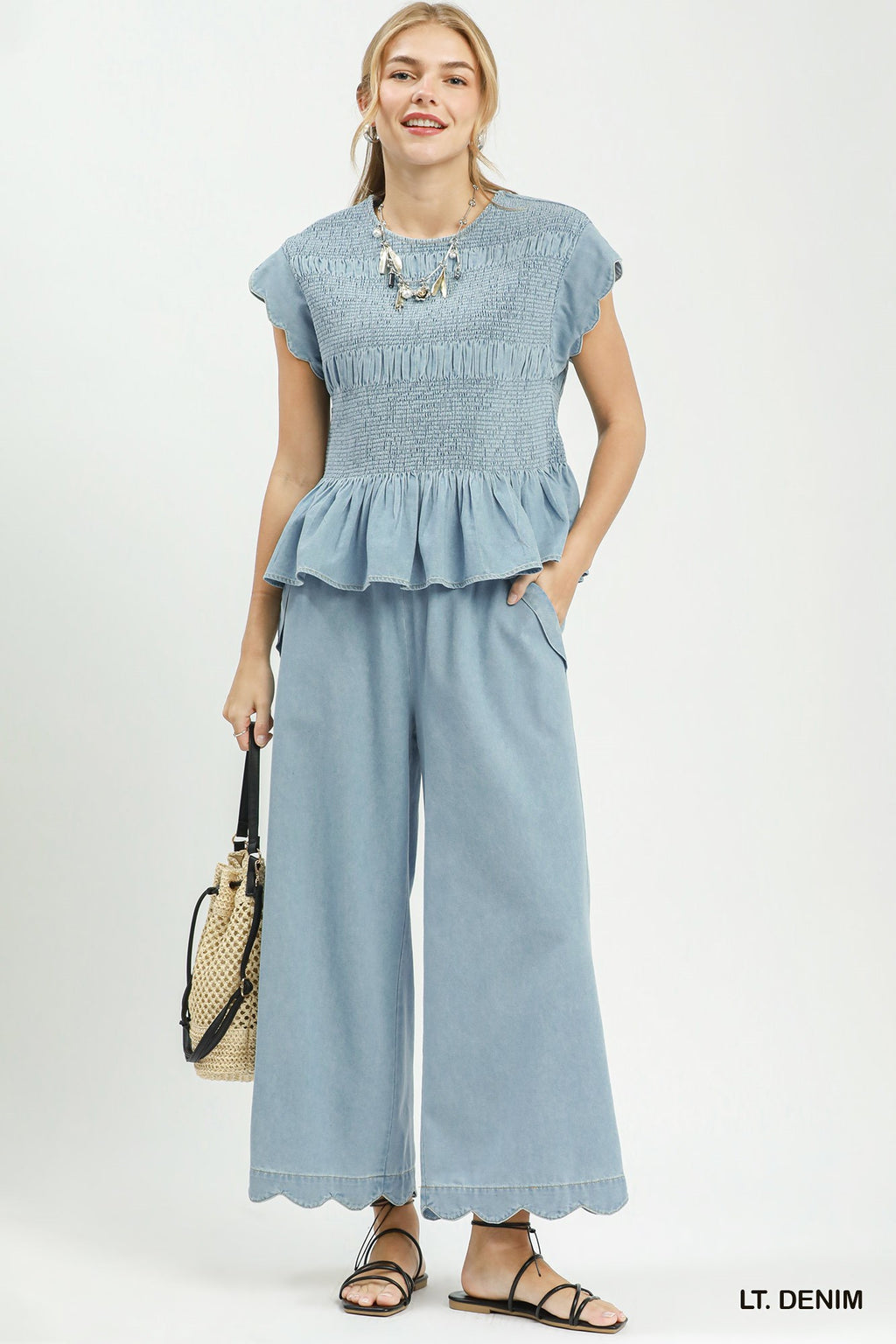 Chambray Scalloped Hem Pants - Lt Denim