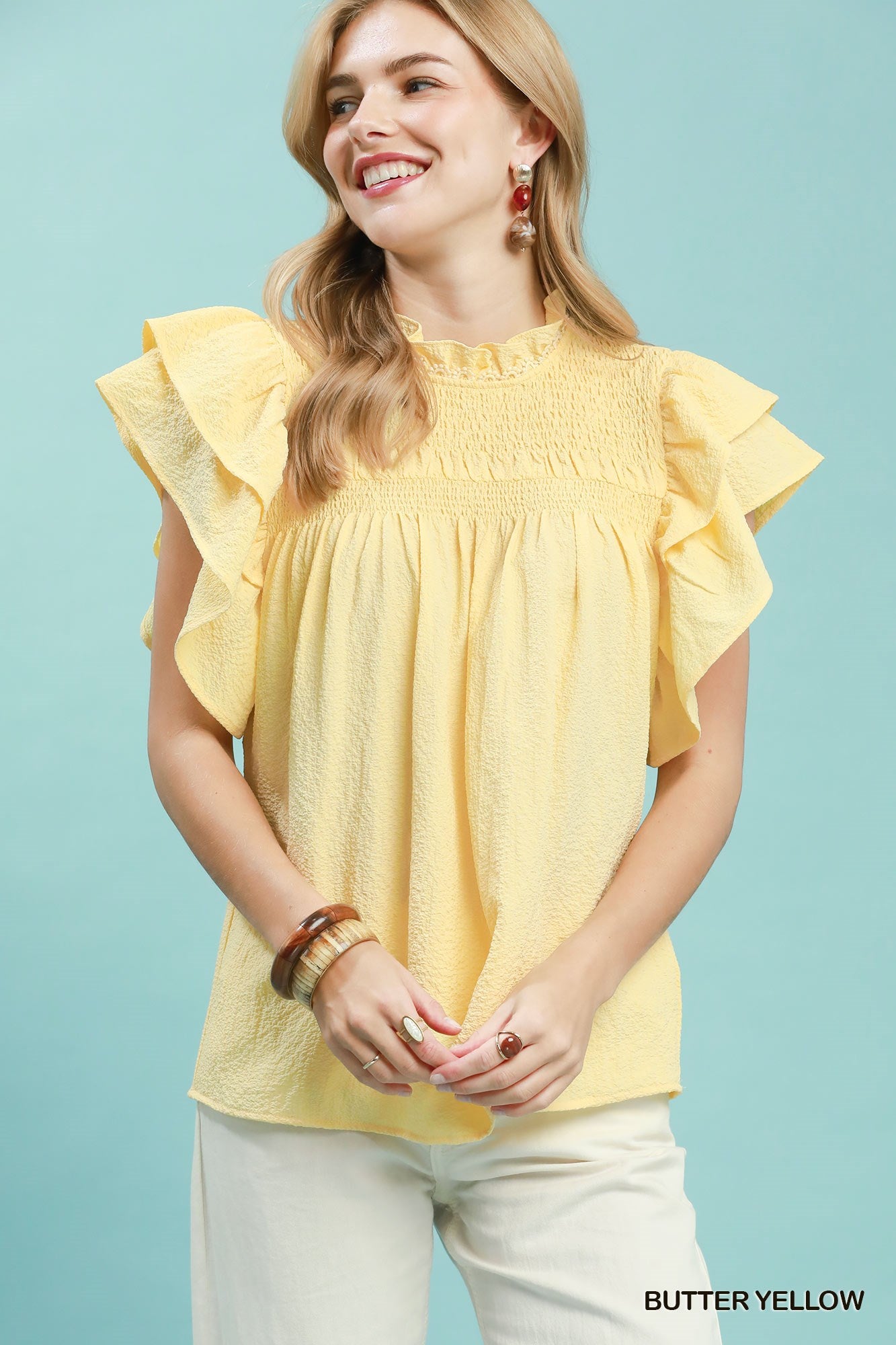 Smocked Ruffle Sleeve Textured Top: Butter Yellow