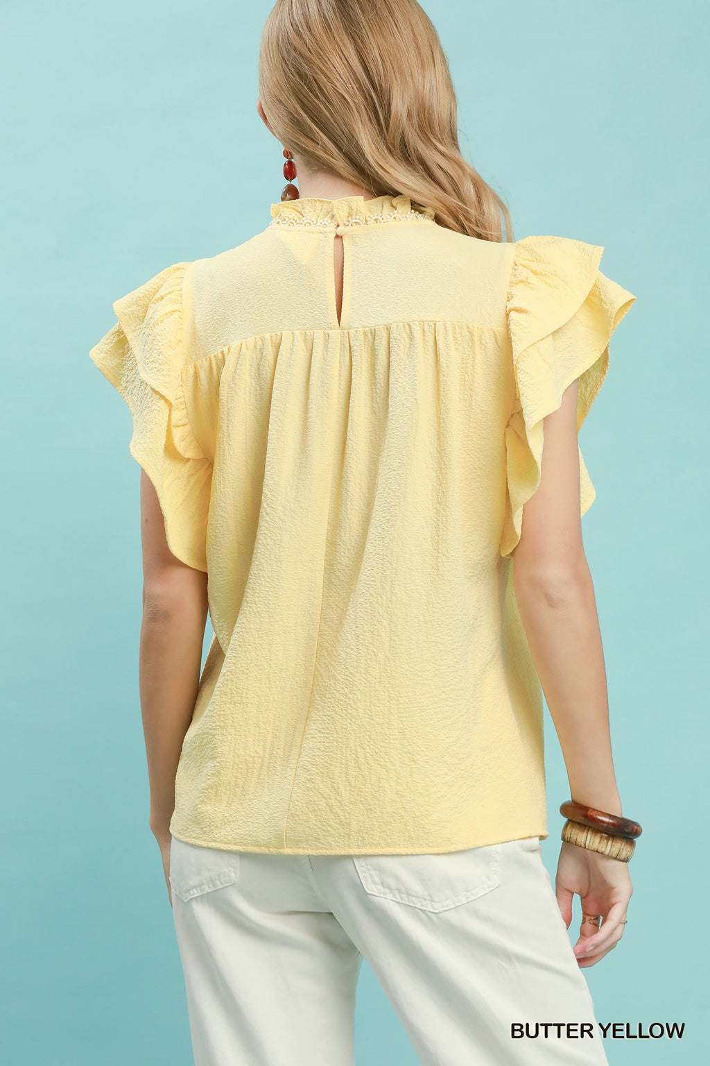 Smocked Ruffle Sleeve Textured Top: Butter Yellow