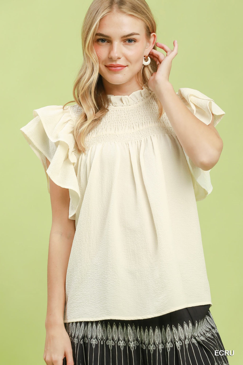 Smocked Ruffle Sleeve Textured Top: Ecru