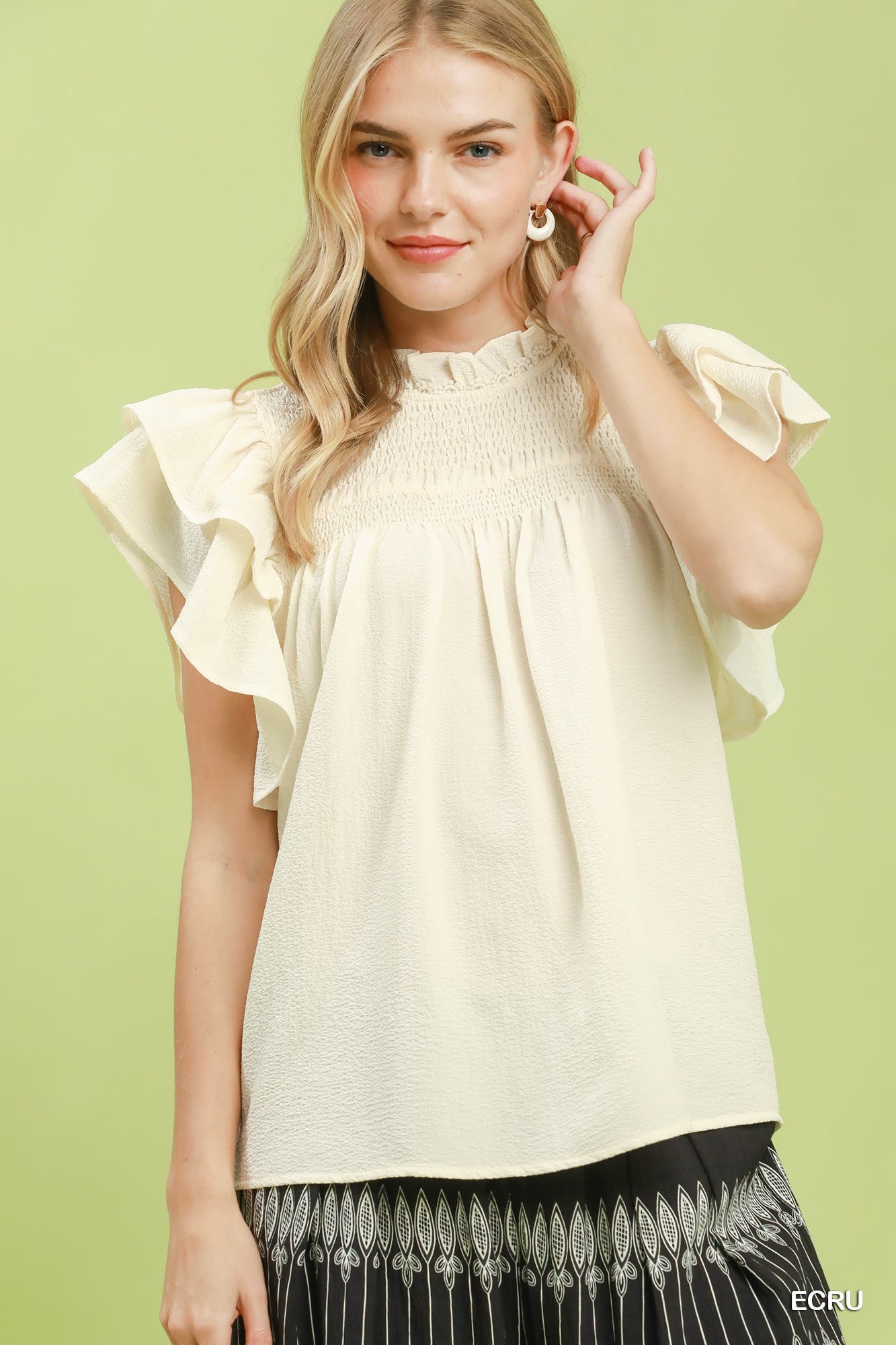 Smocked Ruffle Sleeve Textured Top: Ecru