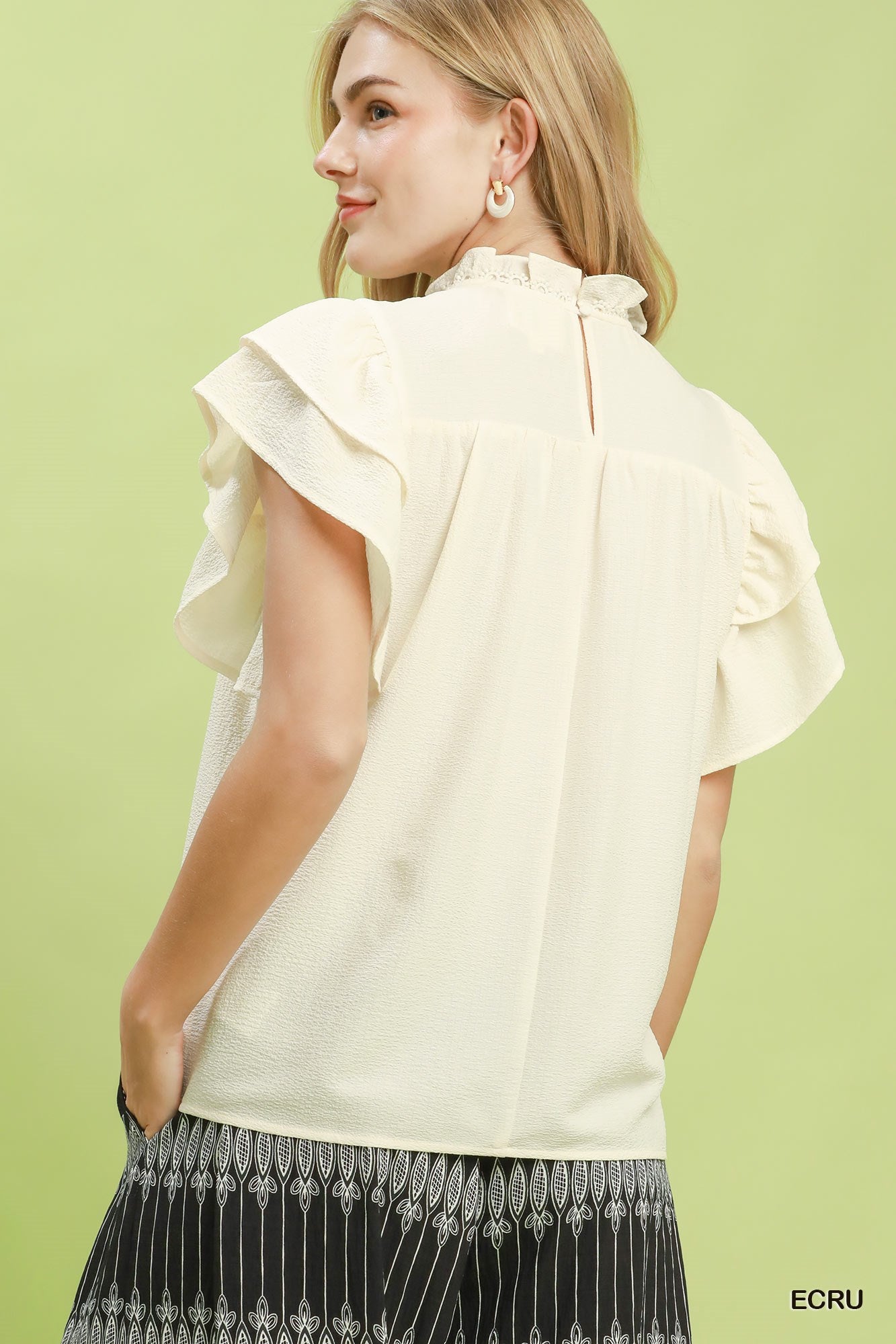 Smocked Ruffle Sleeve Textured Top: Ecru