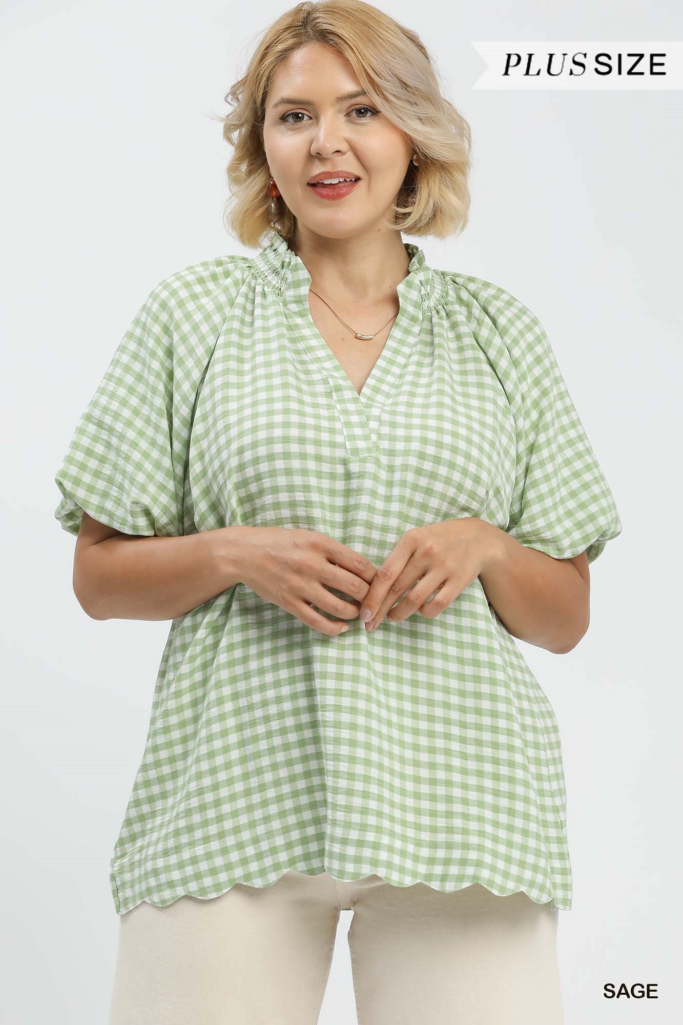 Gingham Bubble Sleeve V-Neck Top w/ Scallop Hem