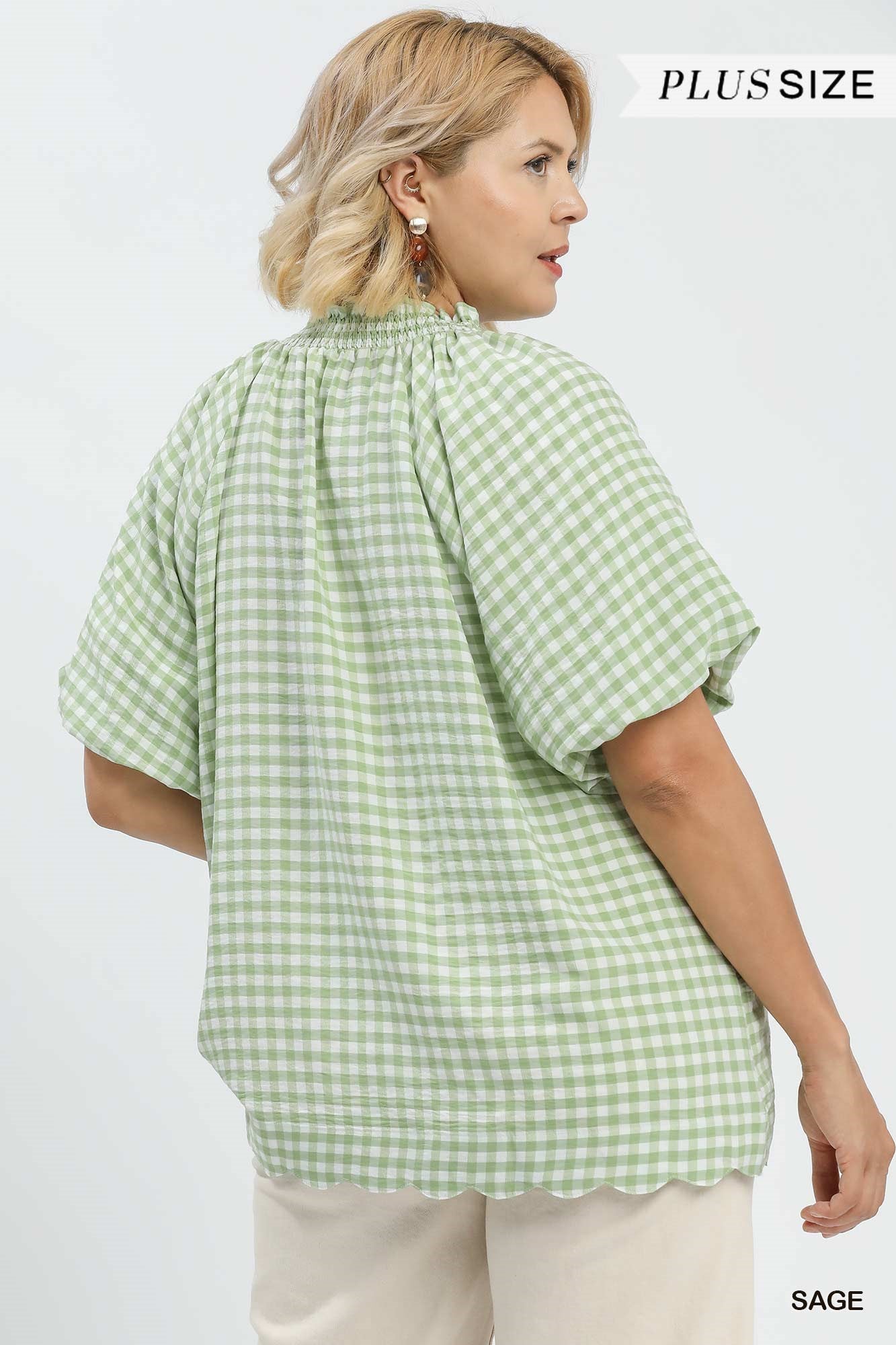 Gingham Bubble Sleeve V-Neck Top w/ Scallop Hem