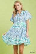 Mixed Floral Tiered Mini Dress with Flutter Sleeves
