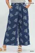 Denim Paisley Wide-Leg Pants: Indigo