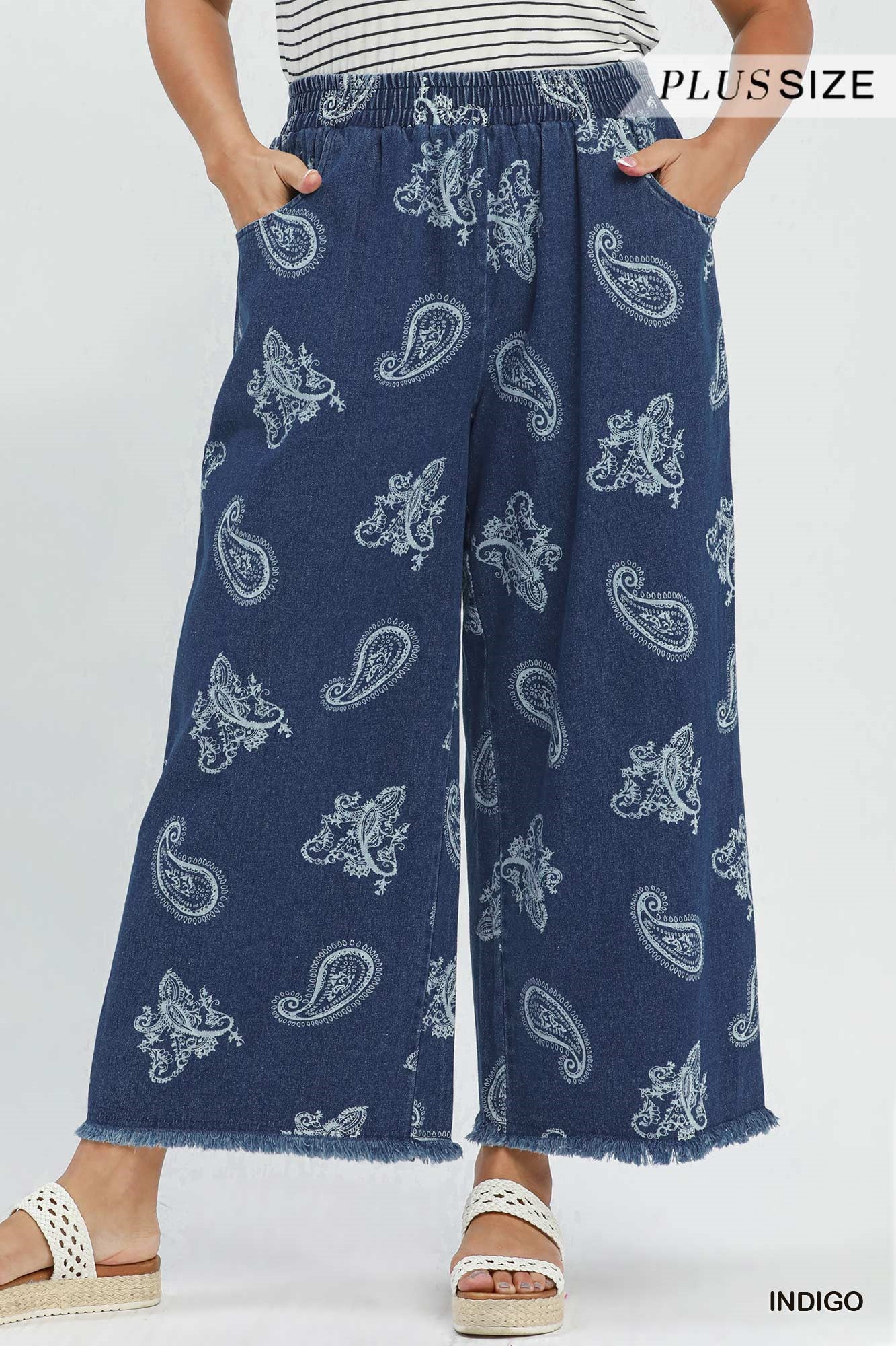 Denim Paisley Wide-Leg Pants: Indigo