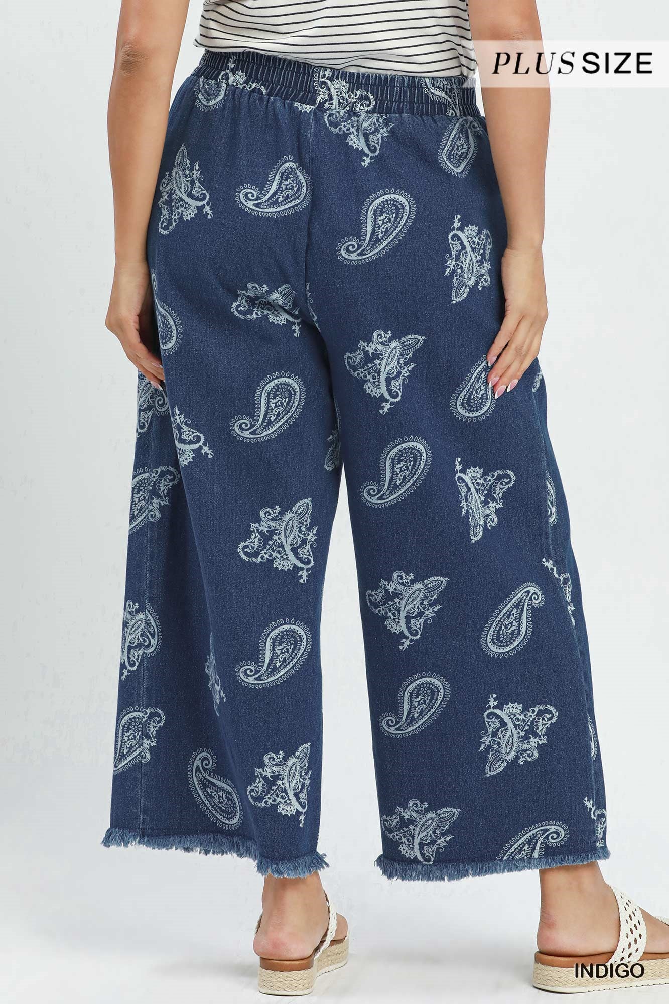 Denim Paisley Wide-Leg Pants: Indigo