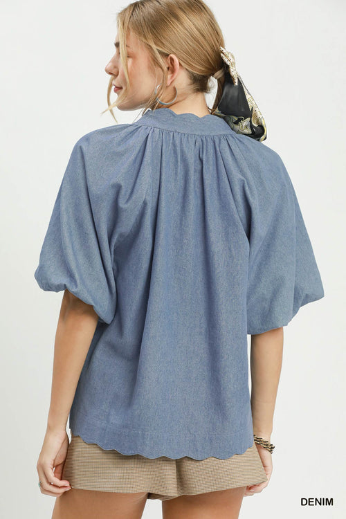 Chambray Scallop Hem Puff Sleeve Top