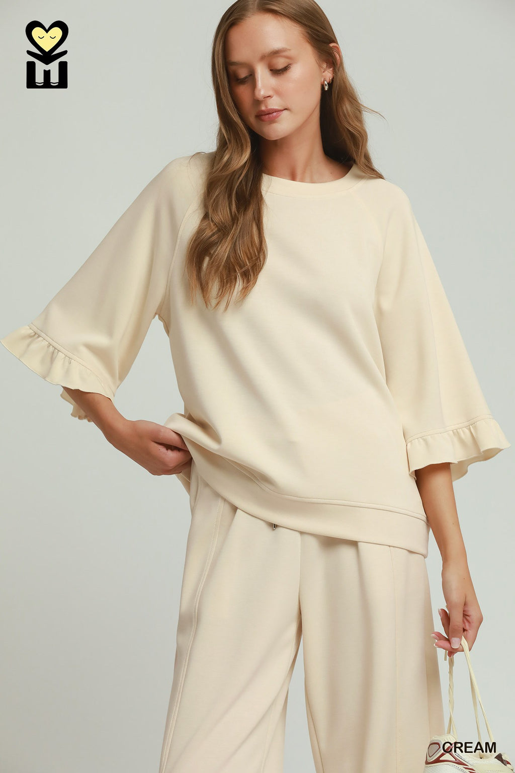 Round Neck Ruffle Tier Raglan Sleeve Top - Cream