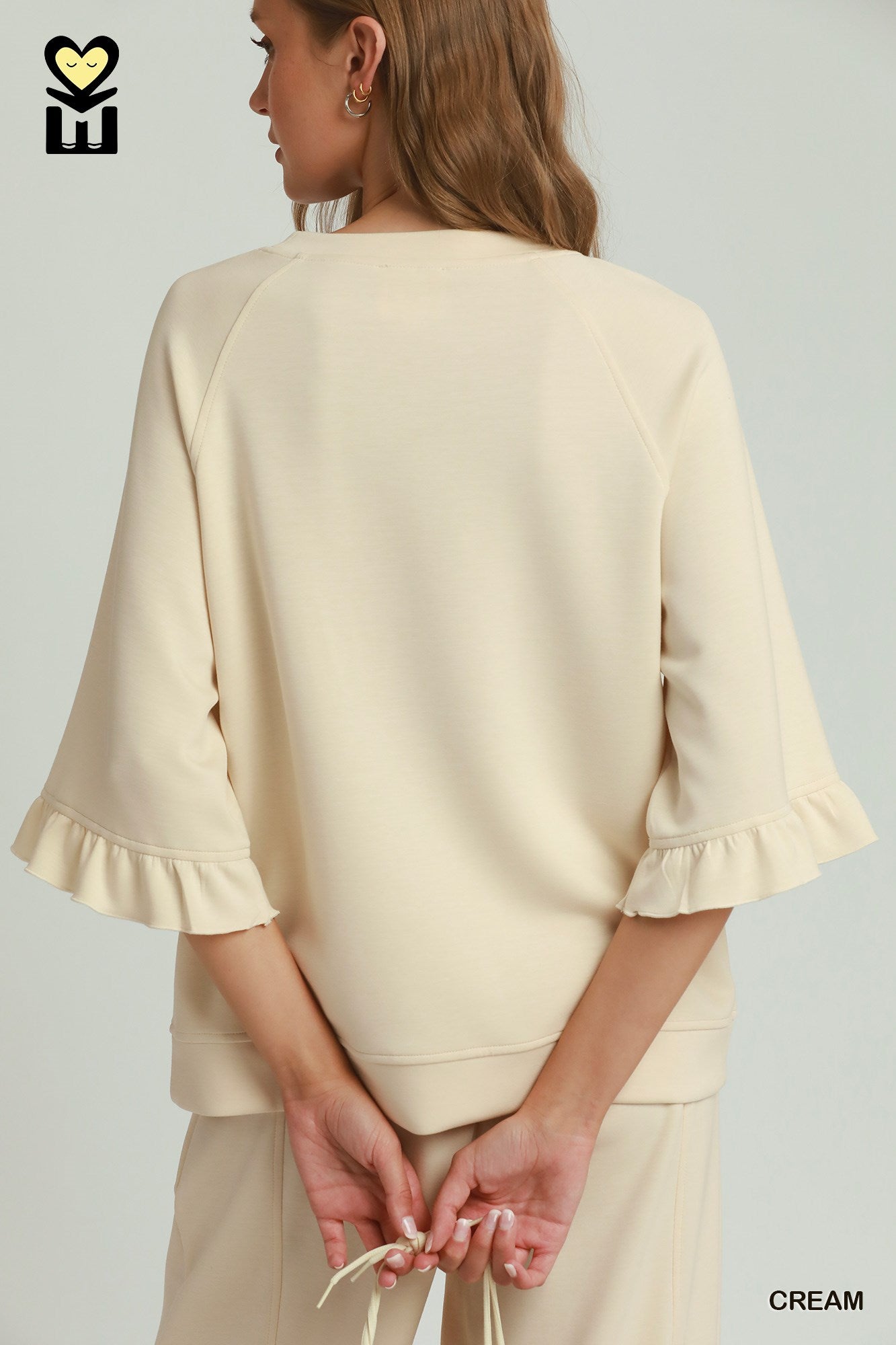 Round Neck Ruffle Tier Raglan Sleeve Top - Cream
