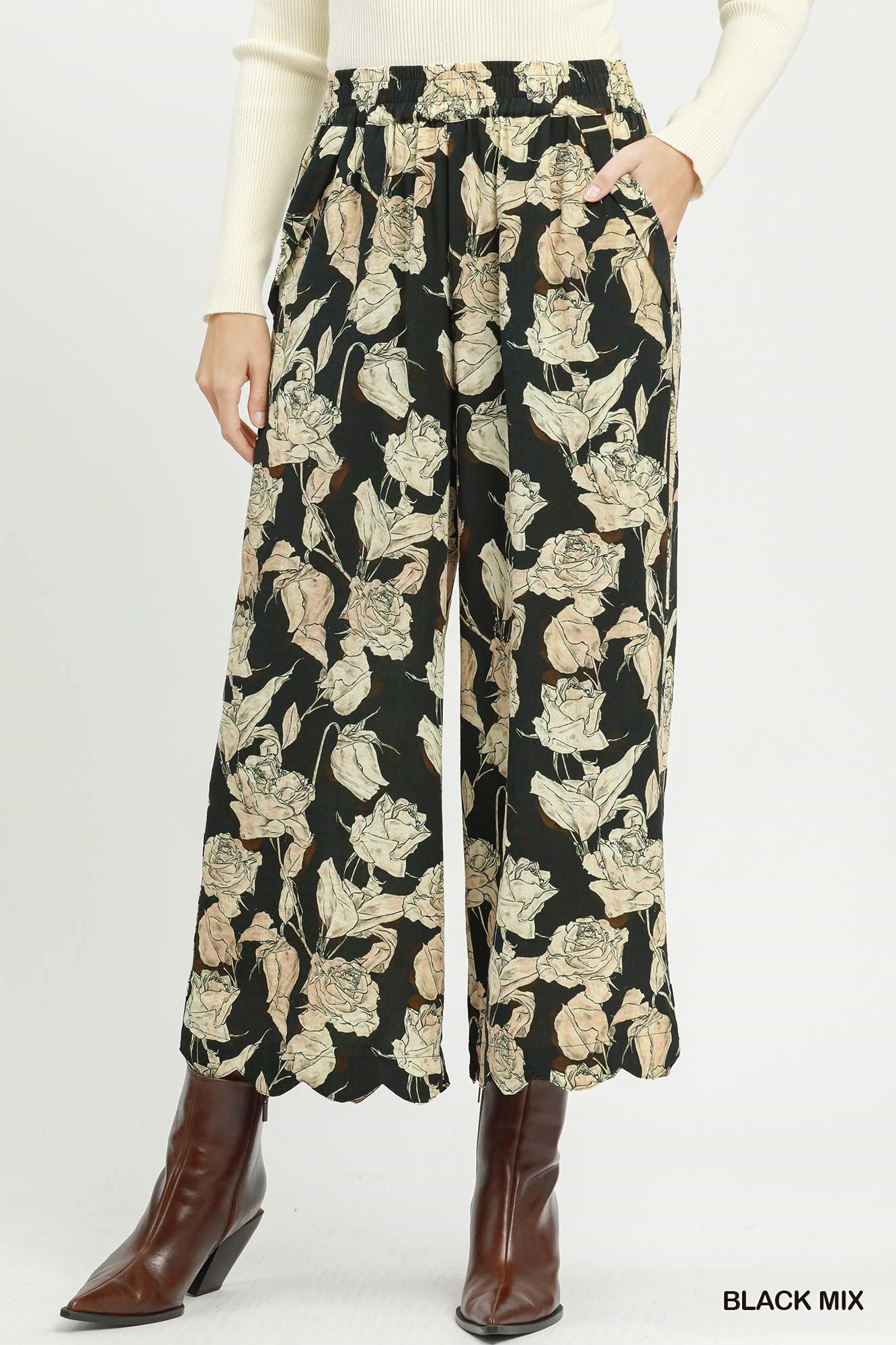 Floral Scallop Hem Wide Leg Pants