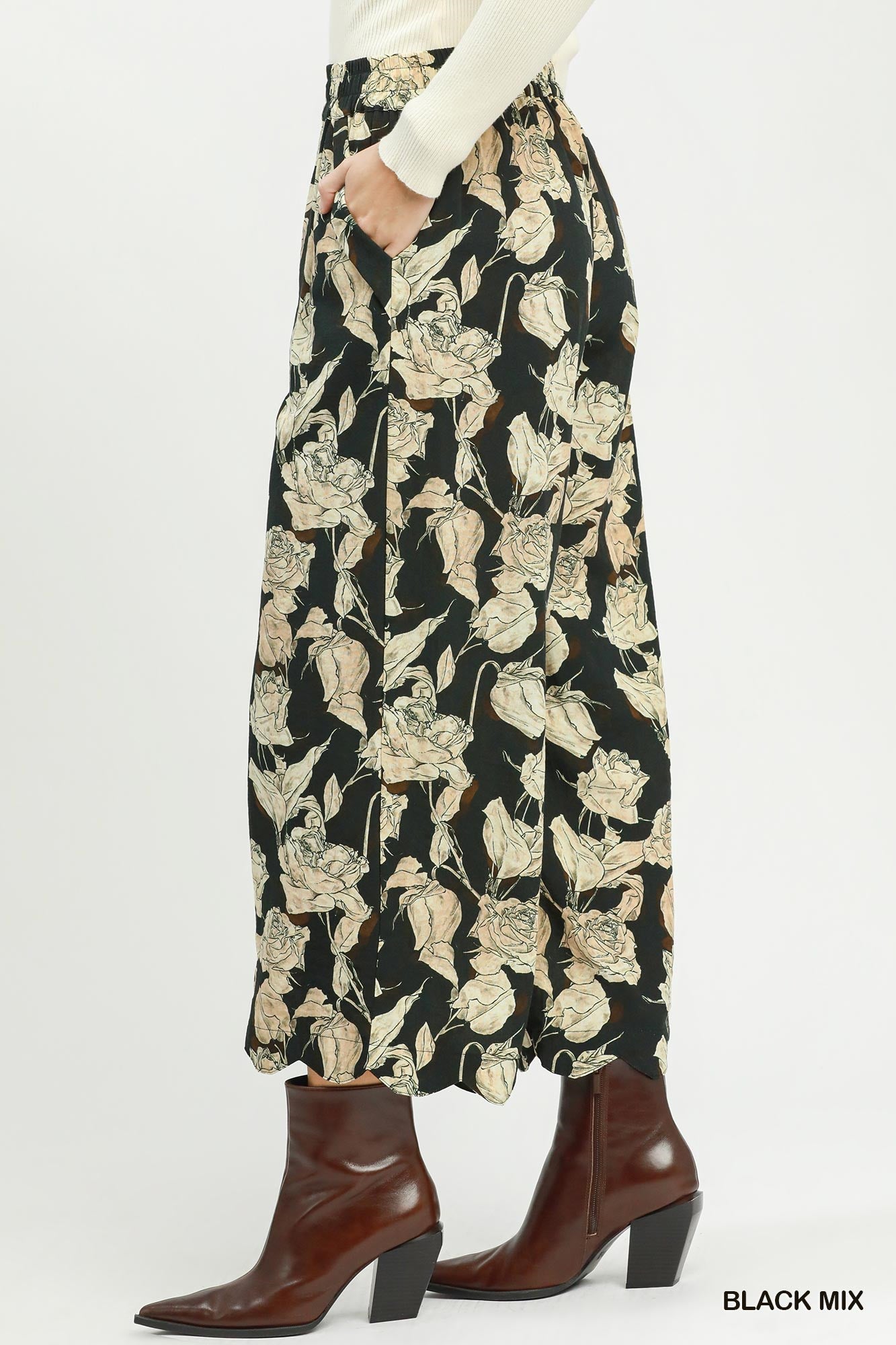 Floral Scallop Hem Wide Leg Pants