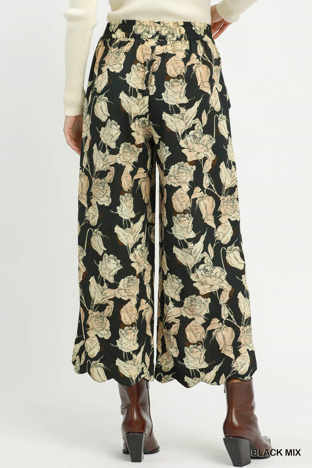 Floral Scallop Hem Wide Leg Pants