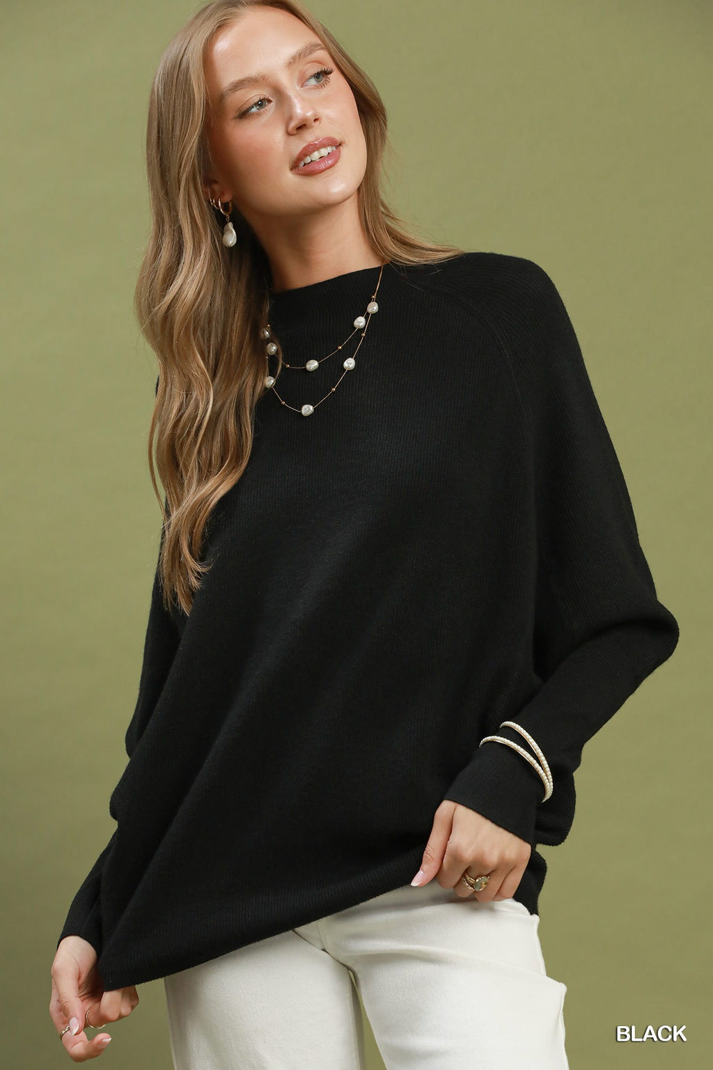 Ribbed Mock Neck Dolman Sleeve Sweater Top