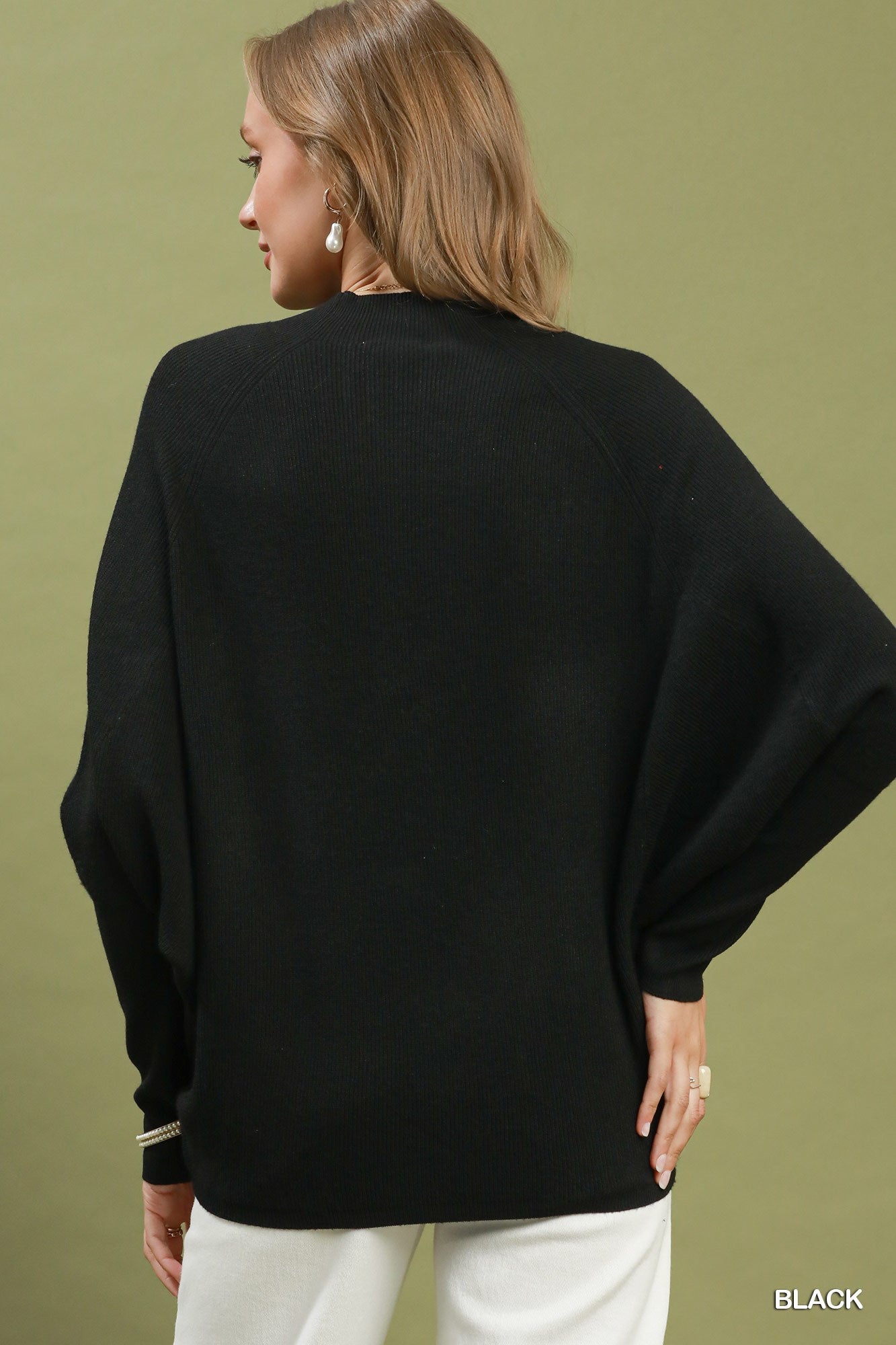 Ribbed Mock Neck Dolman Sleeve Sweater Top