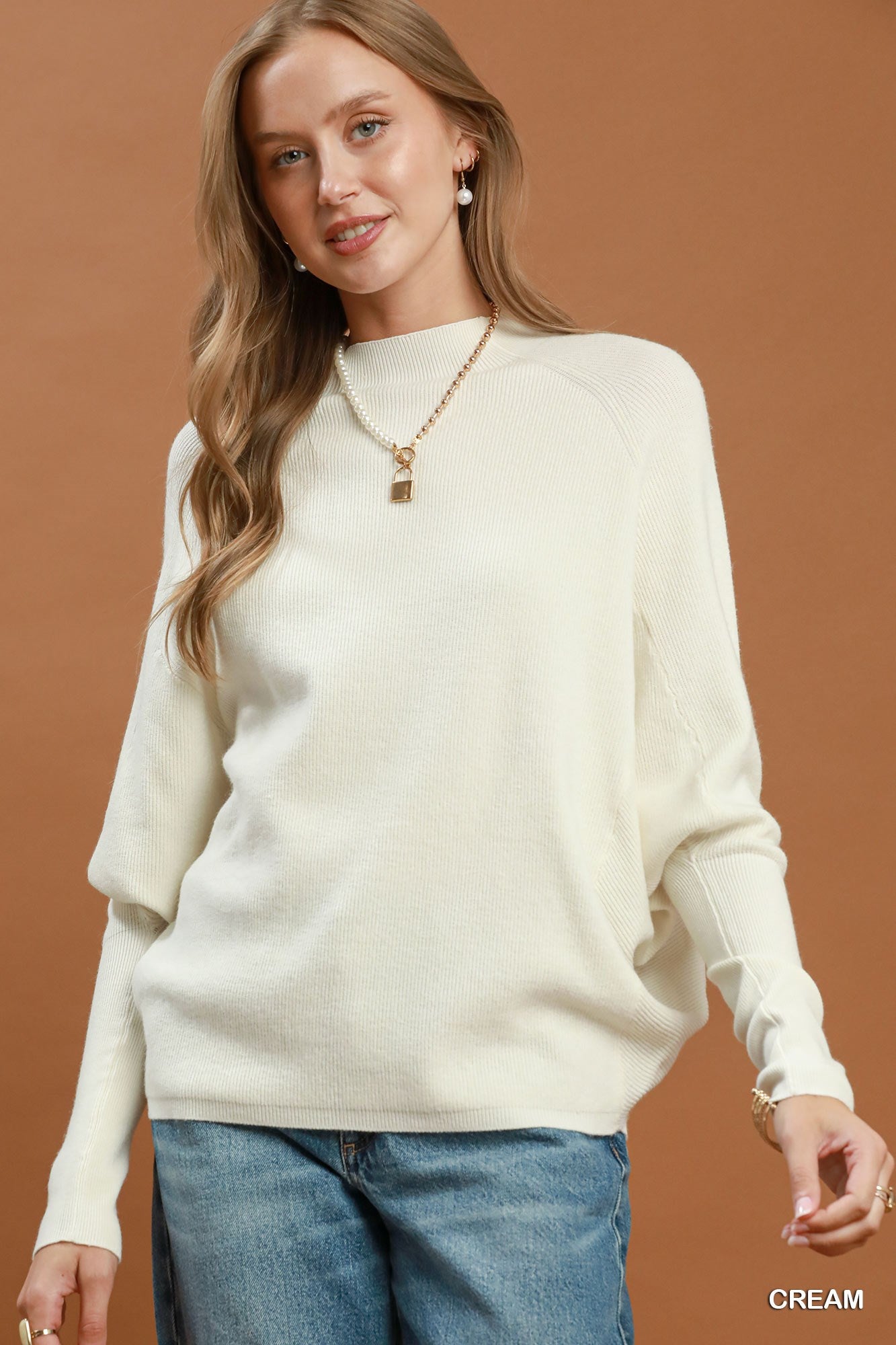 Ribbed Mock Neck Dolman Sleeve Sweater Top