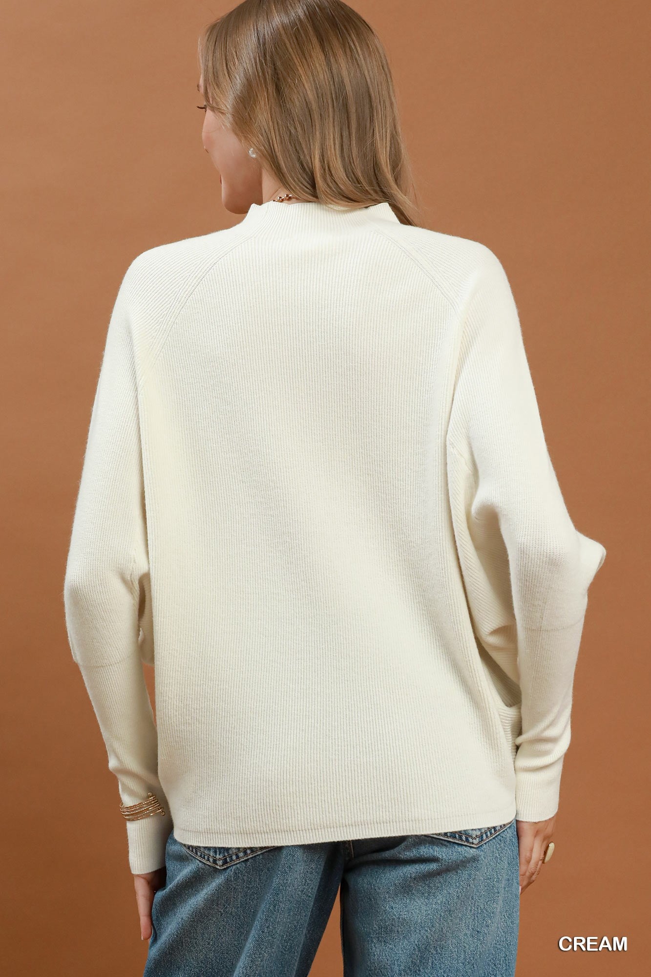 Ribbed Mock Neck Dolman Sleeve Sweater Top