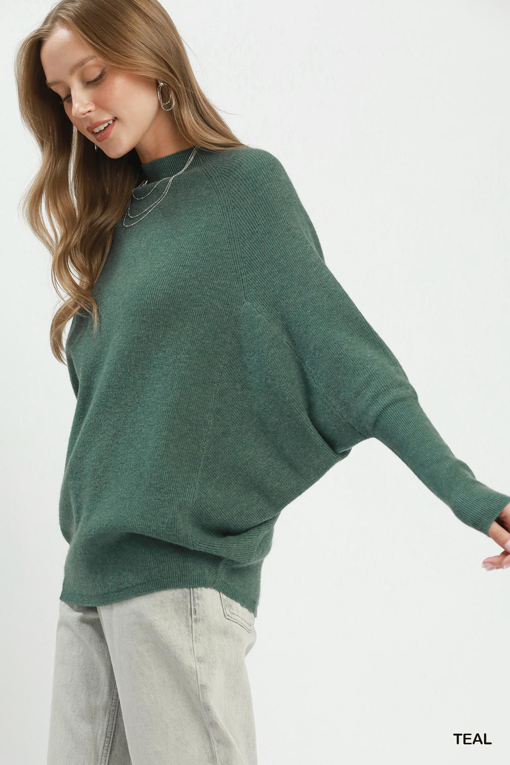 Ribbed Mock Neck Dolman Sleeve Sweater Top