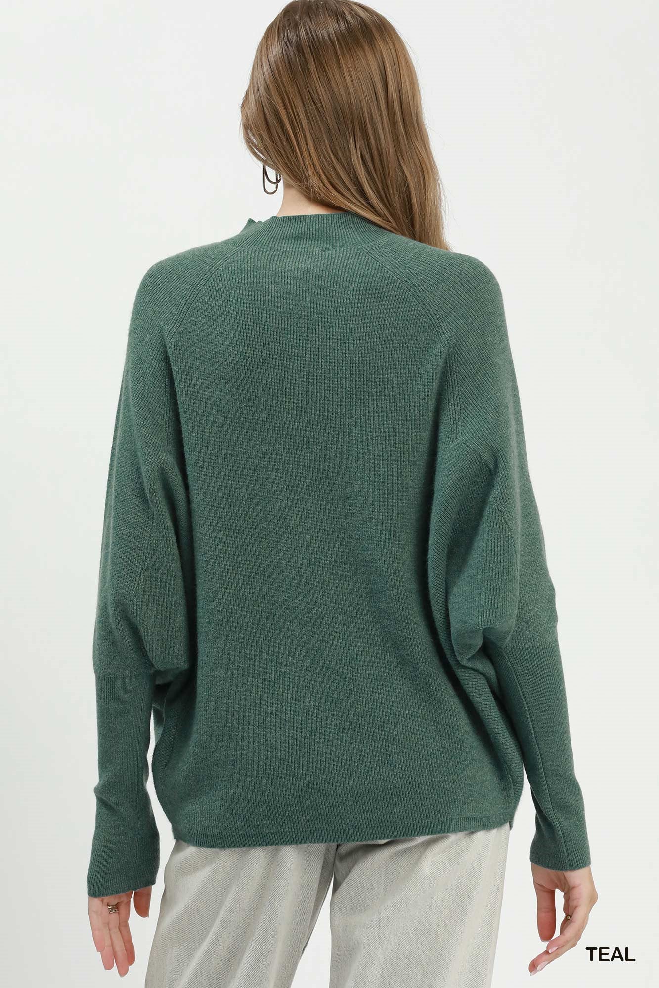 Ribbed Mock Neck Dolman Sleeve Sweater Top