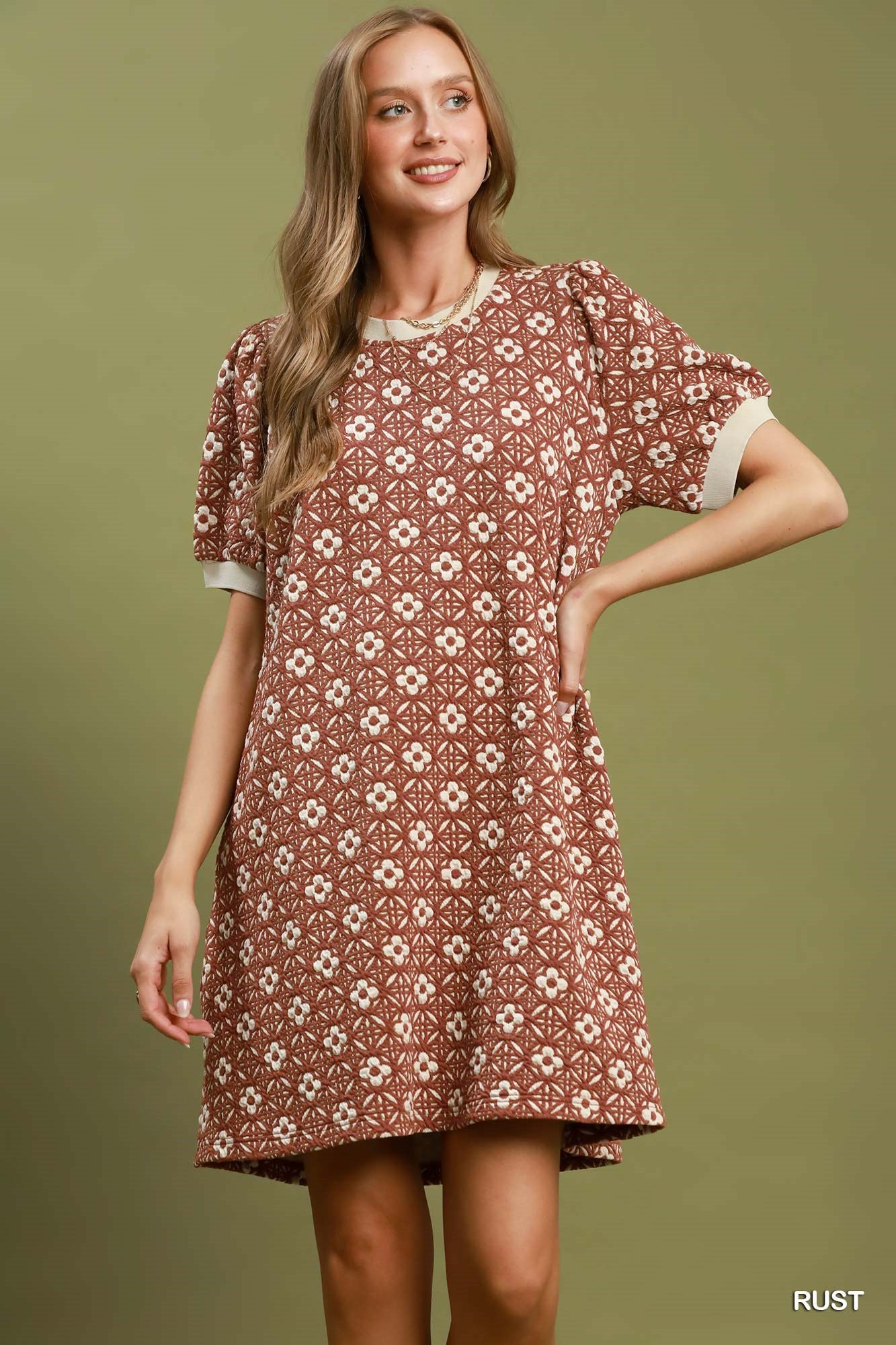 Floral Textured Puff Sleeve Mini Dress - Rust