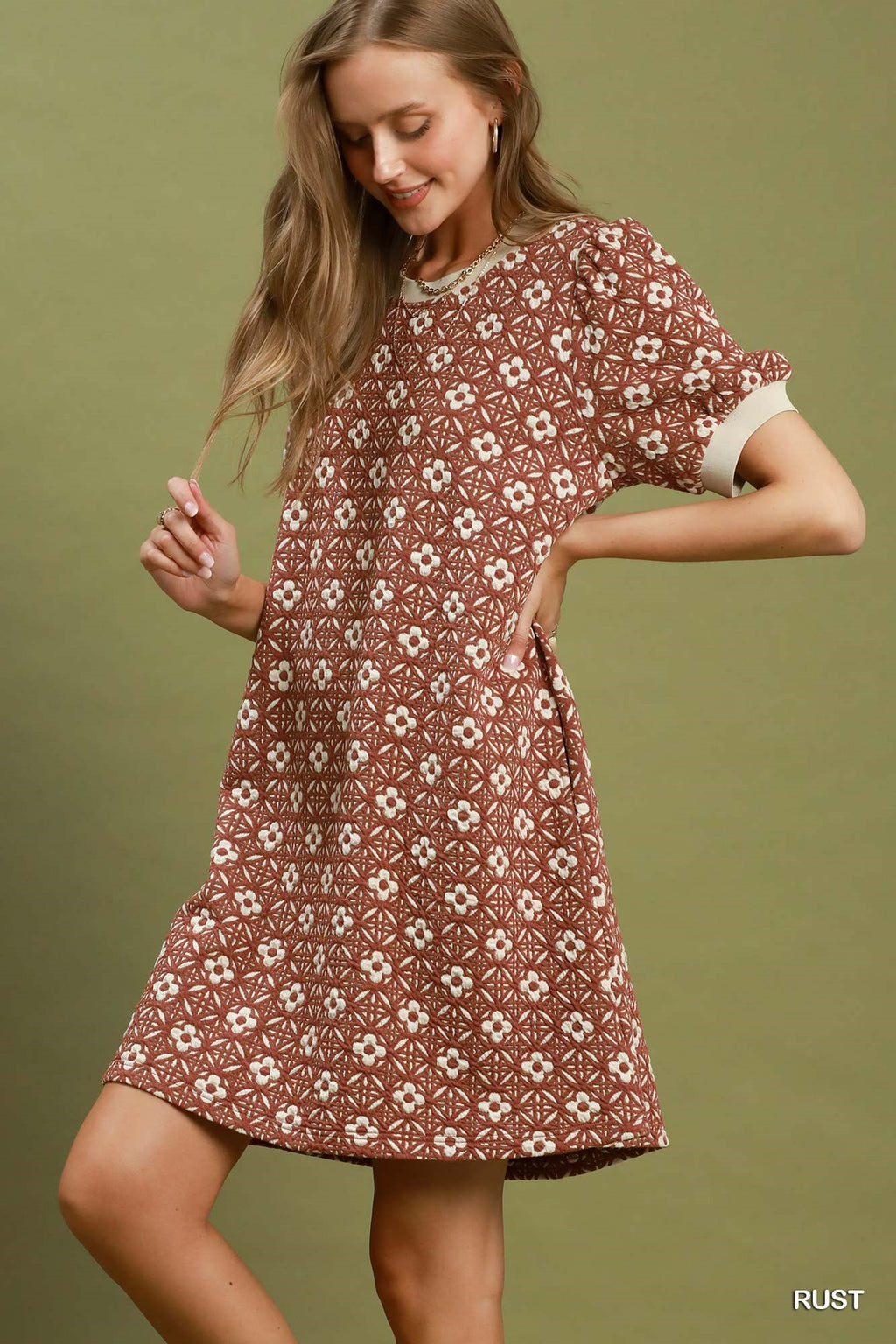 Floral Textured Puff Sleeve Mini Dress - Rust
