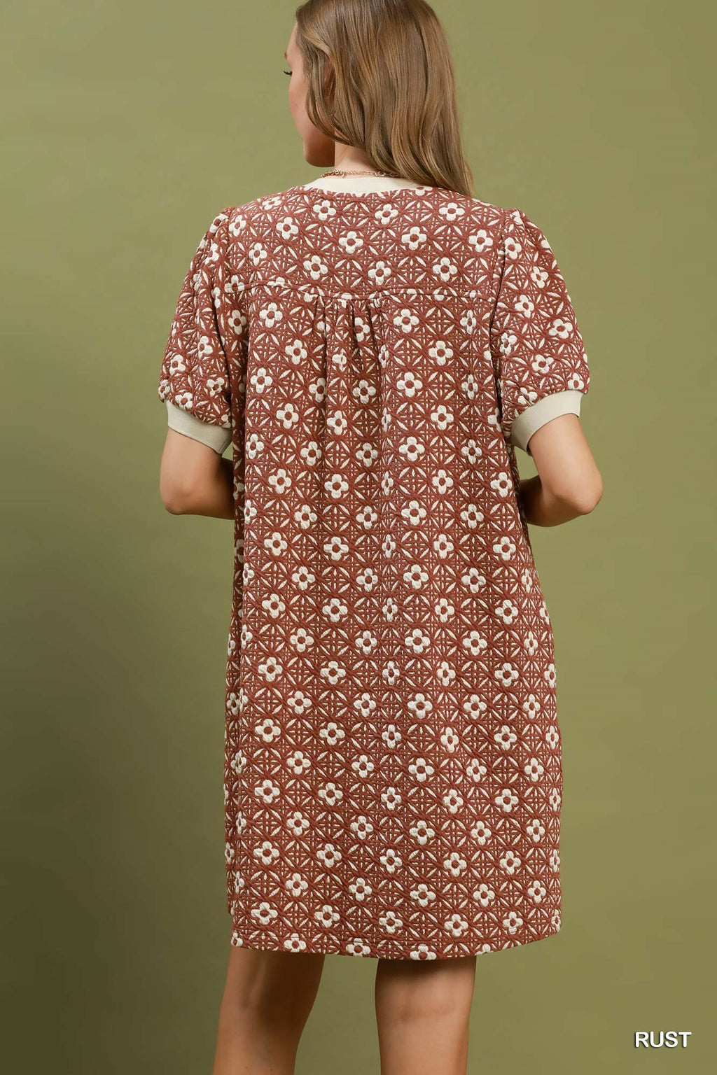 Floral Textured Puff Sleeve Mini Dress - Rust