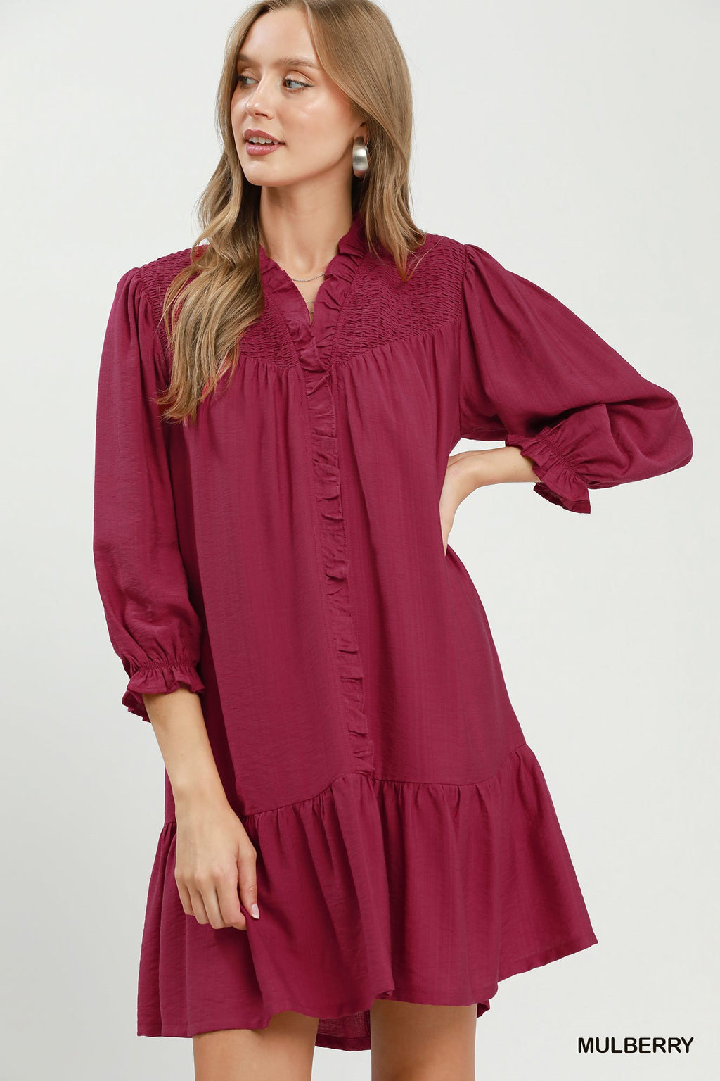 Smocked Ruffle Detail Tiered Mini Dress: Mulberry
