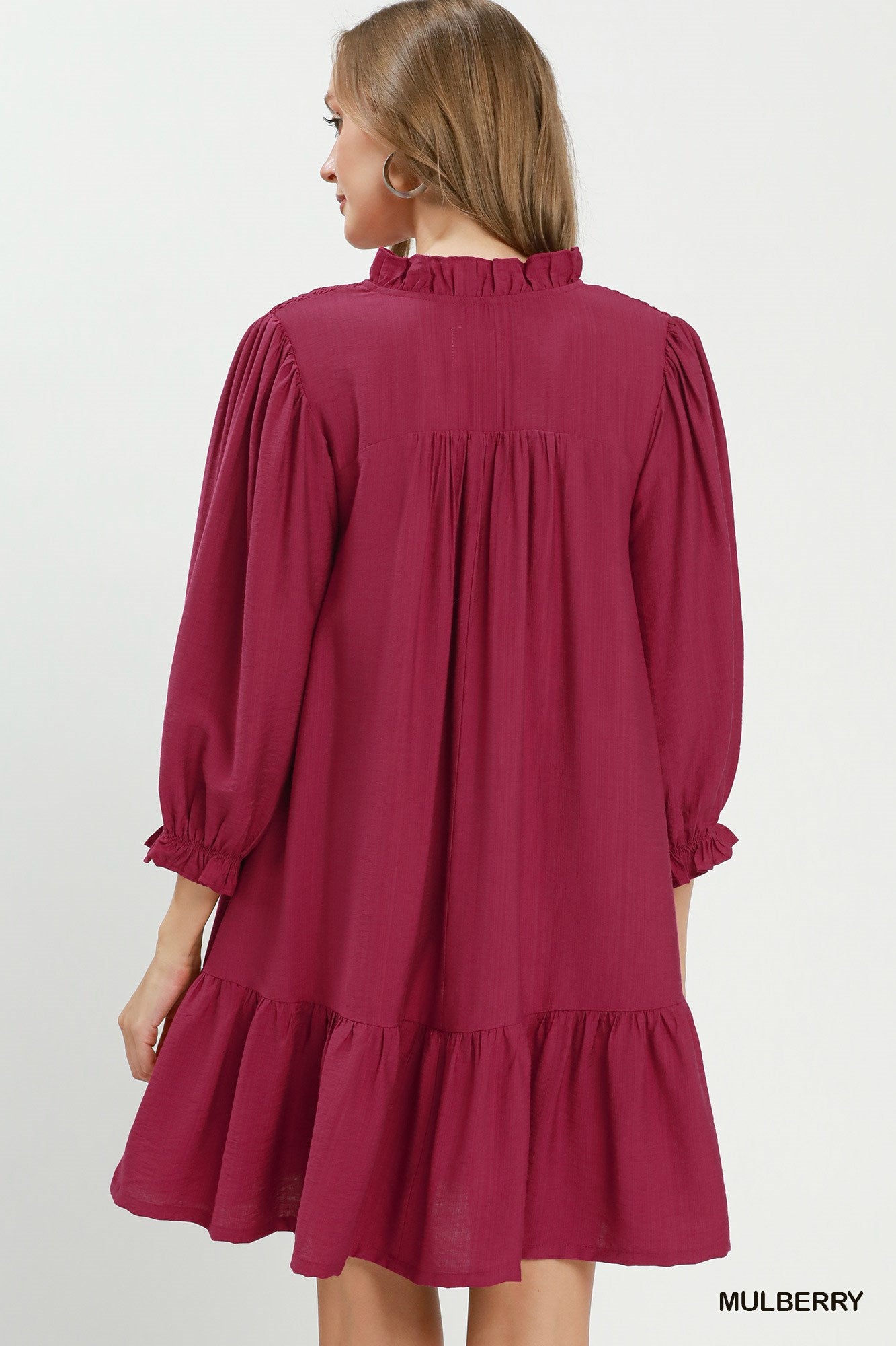 Smocked Ruffle Detail Tiered Mini Dress: Mulberry