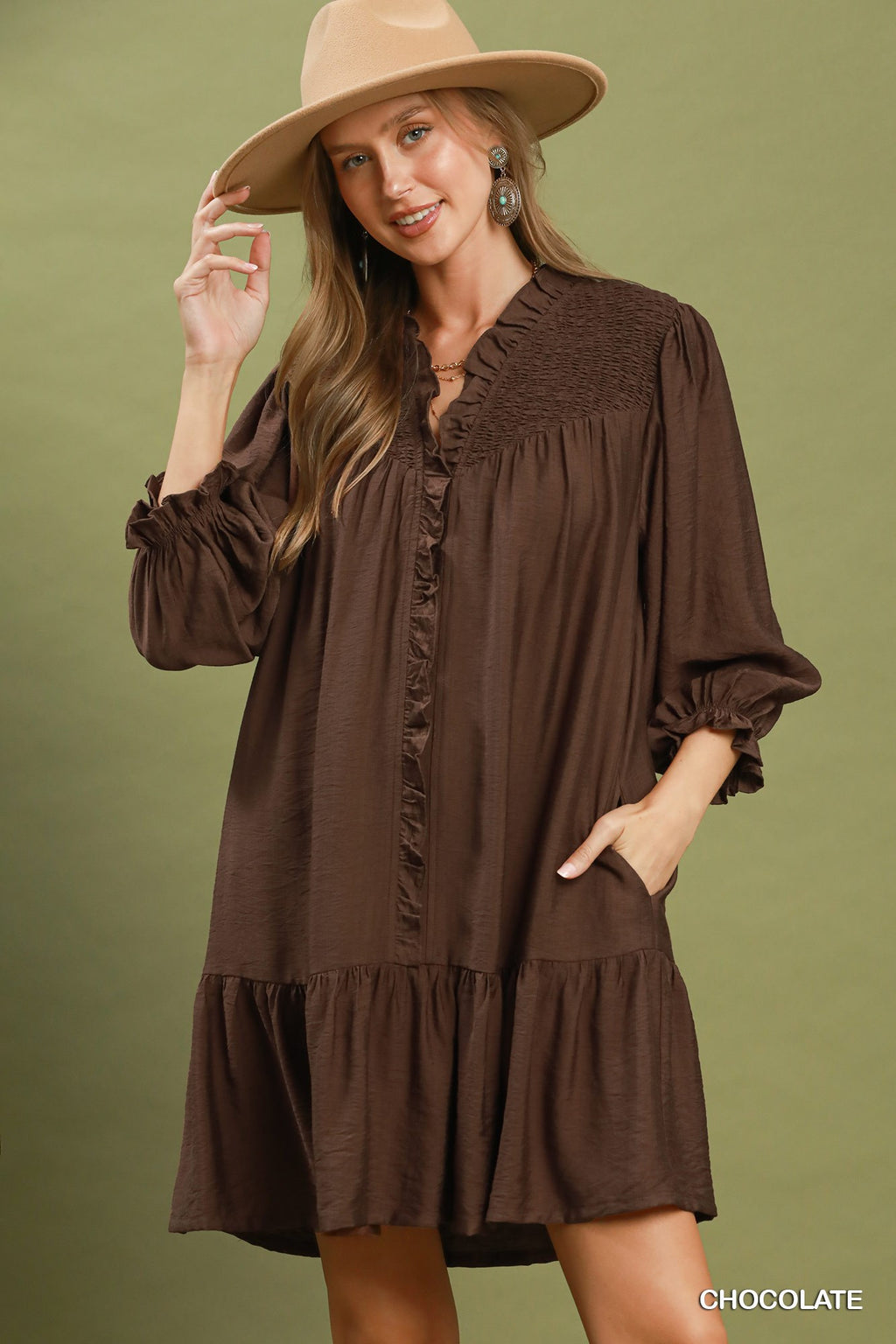 Smocked Ruffle Detail Tiered Mini Dress: Chocolate