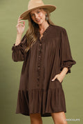 Smocked Ruffle Detail Tiered Mini Dress: Chocolate
