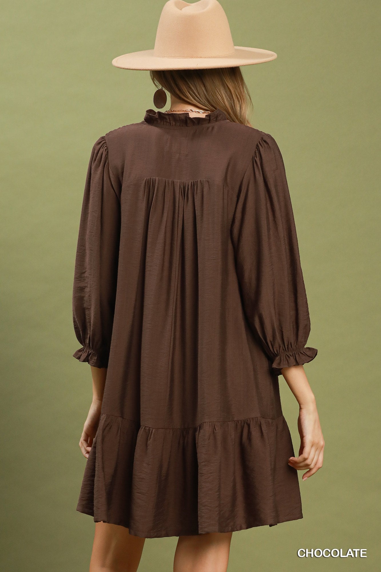 Smocked Ruffle Detail Tiered Mini Dress: Chocolate